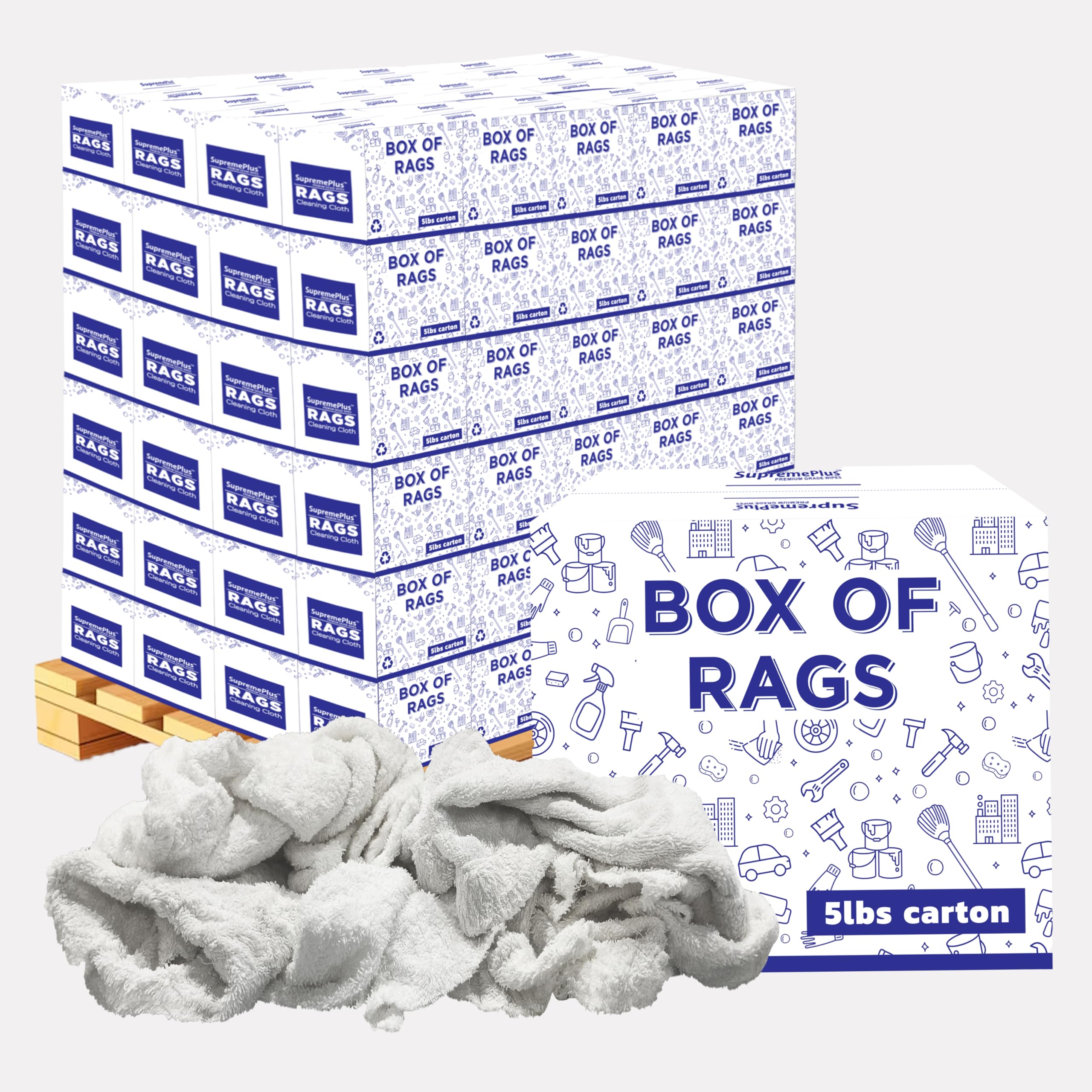 Recycled White Terry Cloth Rags 600 lbs Pallet - 120x5 lbs Box - High Absorbent Terry Towel Cleaning