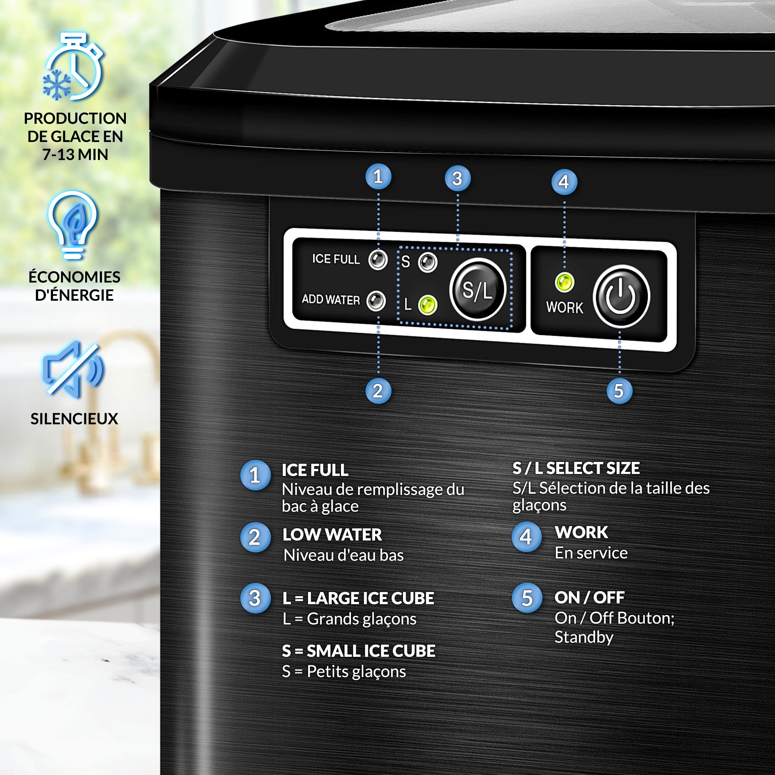 tillvex Machine à glaçons en inox 12 kg - 24 h | Préparation de glaçons réservoir 2,2 litres | Ice Maker écran LED et nettoyage automatique | 2 tailles de glaçons