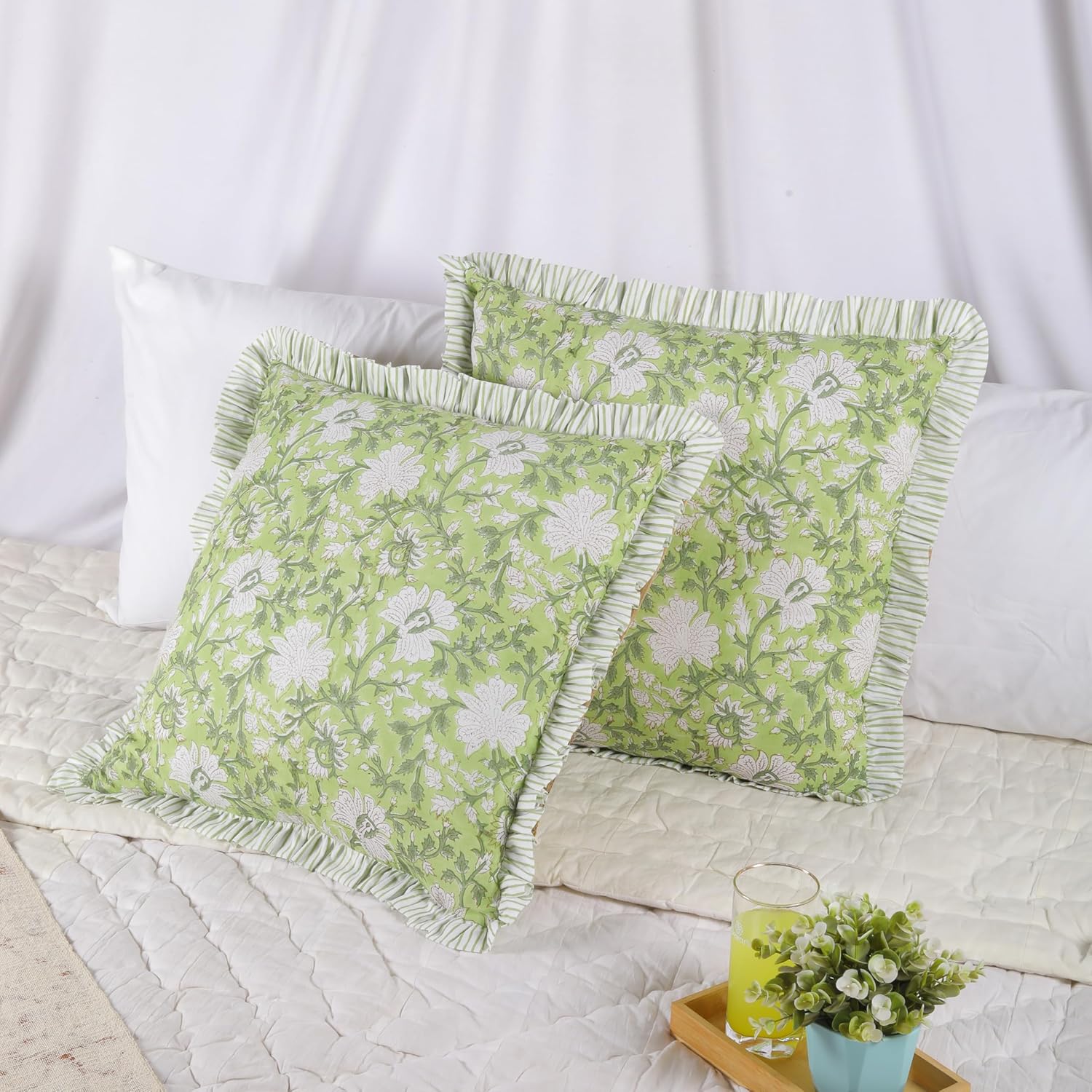 Trade Star Ruffle Cushion Cover Handmade Reversible Farmhouse PiIlow Cover Set of 2 Throw Pillow Cover Modern Soft Cotton Hand Block Print Premium Quality Decorative 20x20 Case