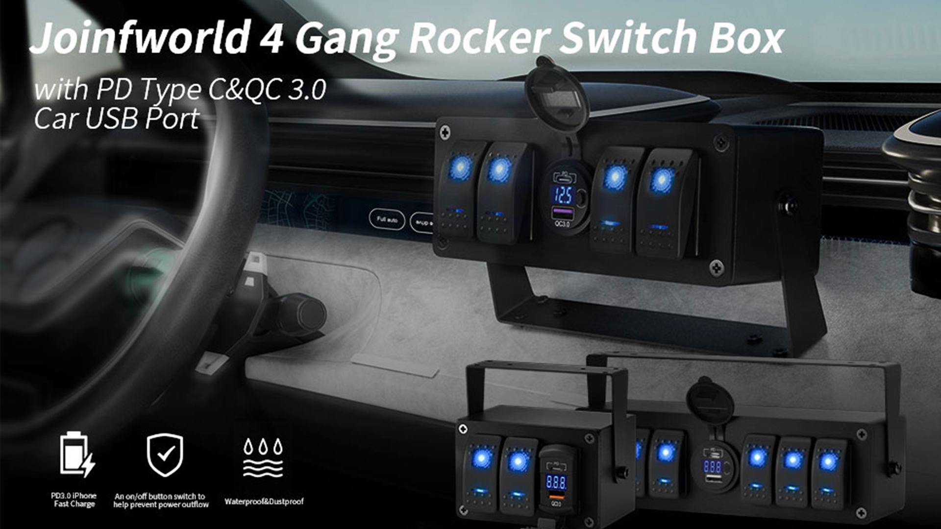 Image of Joinfworld 4 Gang Rocker Switch Box 12V SPST ON /Off Marine Switch Panel 12 Volt Waterproof Blue LED Light Bar with Dual USB Outlet PD3.0 & QC3.0 Car USB Port for Boat Automotive Car Truck RV UTV