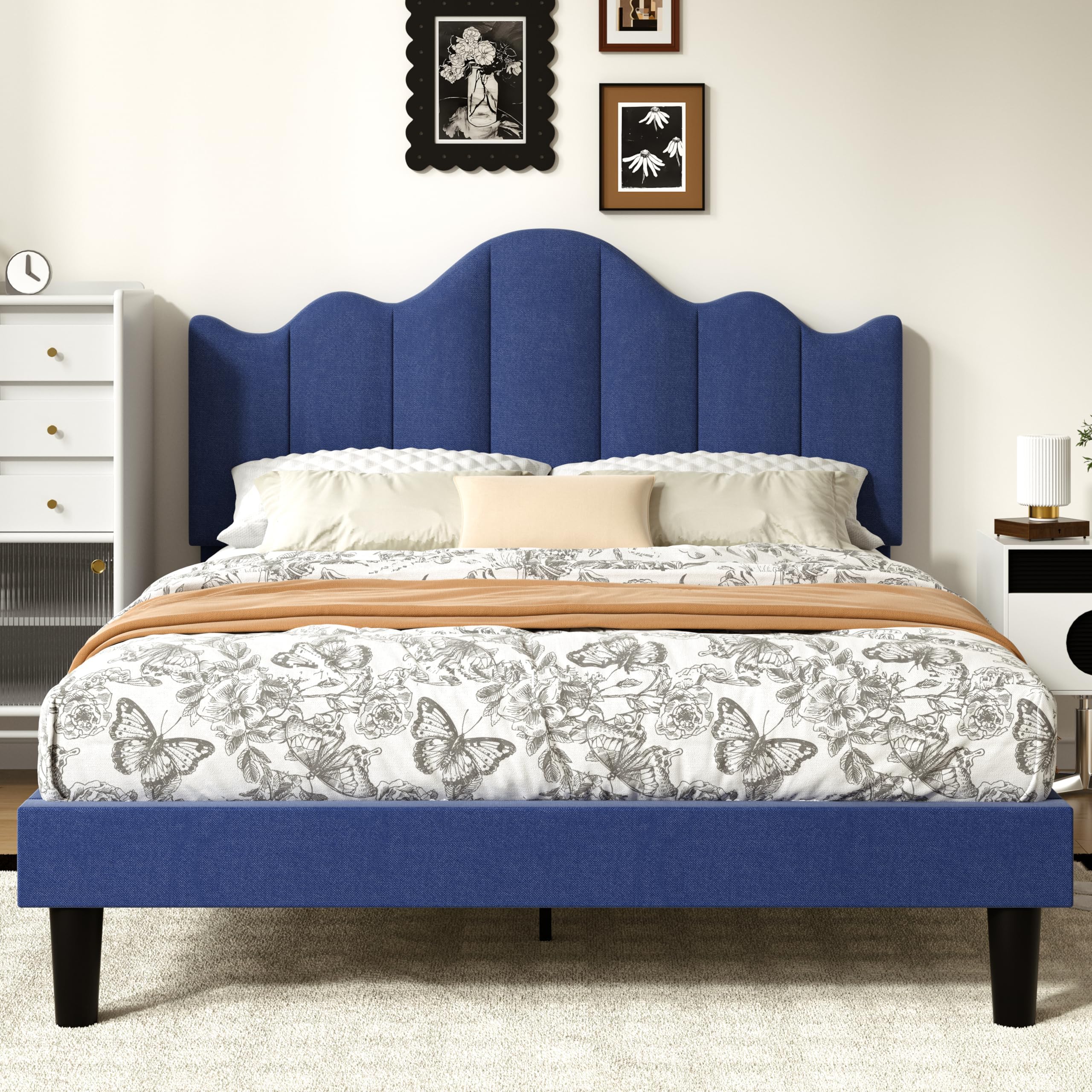 VECELO Full Size Upholstered Platform Bed Frame with Adjustable Headboard, Wood Slat Support and Noise-Free, No Box Spring Needed, Easy Assembly, Blue