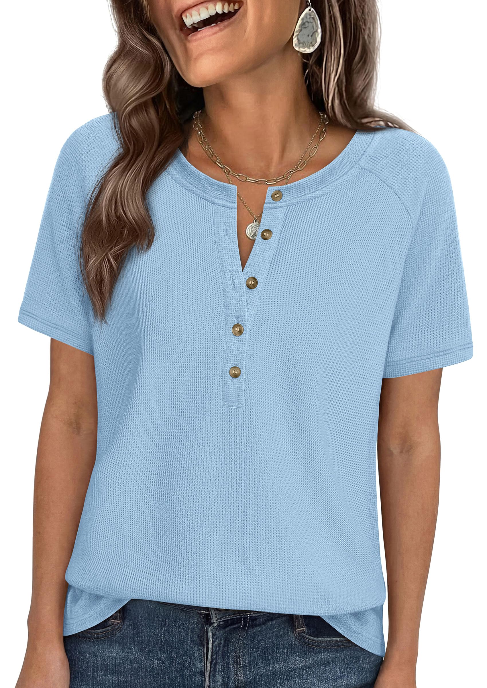 PRETTYGARDEN Waffle Knit Tops for Women Short Sleeve Henley Shirts 2026 Summer Blouses Dressy Casual Spring Fashion Clothes — view 20