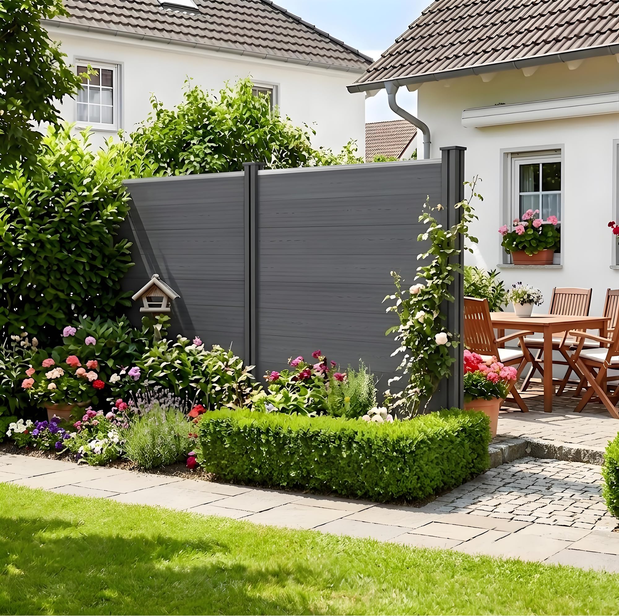 WPC Sichtschutzzaun Komplettset Anthrazit – Gartenzaun mit robusten 10x10 cm WPC Pfosten, Lamellenzaun, Windschutz, B 186-538 x H 185 cm (1-3 Einheiten)