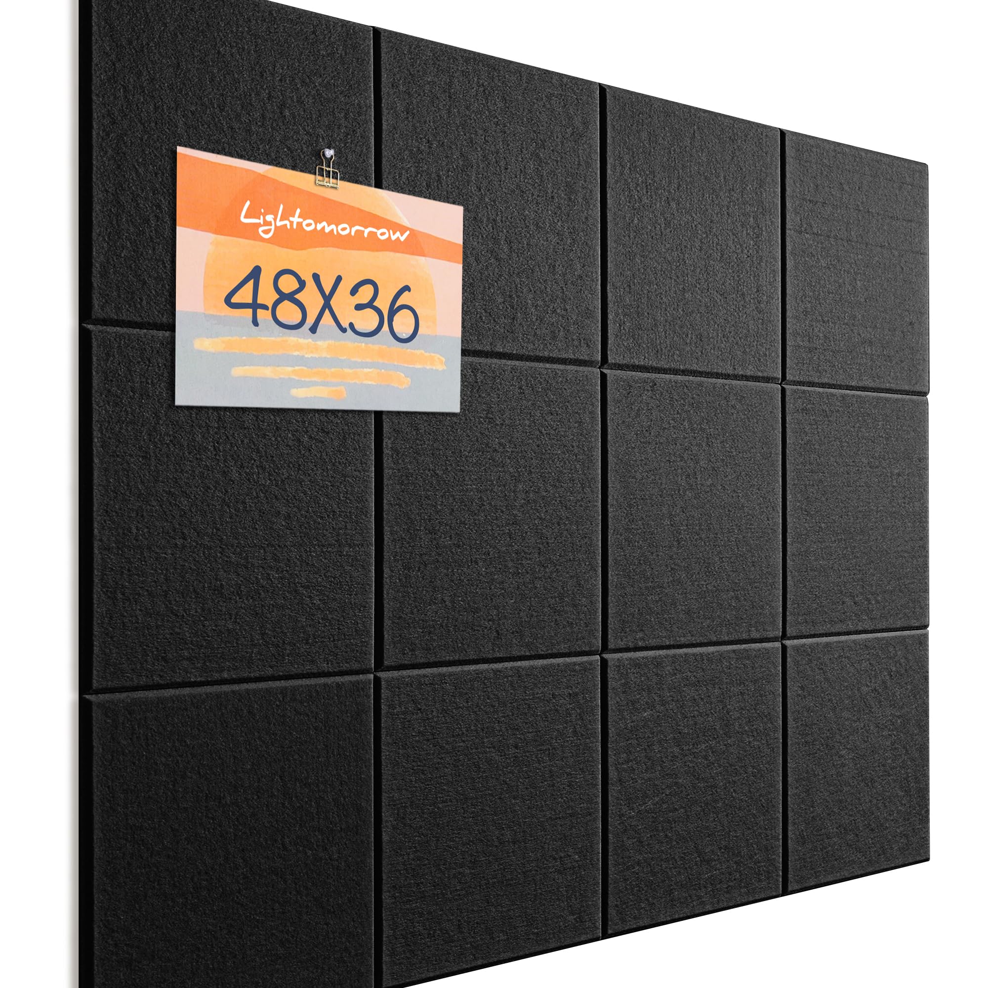 Bulletin Board 90 x 120 cm, 12 Count 30 x 30cm Square Felt Wall Tiles with Self Adhesive Tape, DIY Vision Board for Cubicle, 4' x 3' Corkboard Alternative for Wall with 30 Pushpins - Black