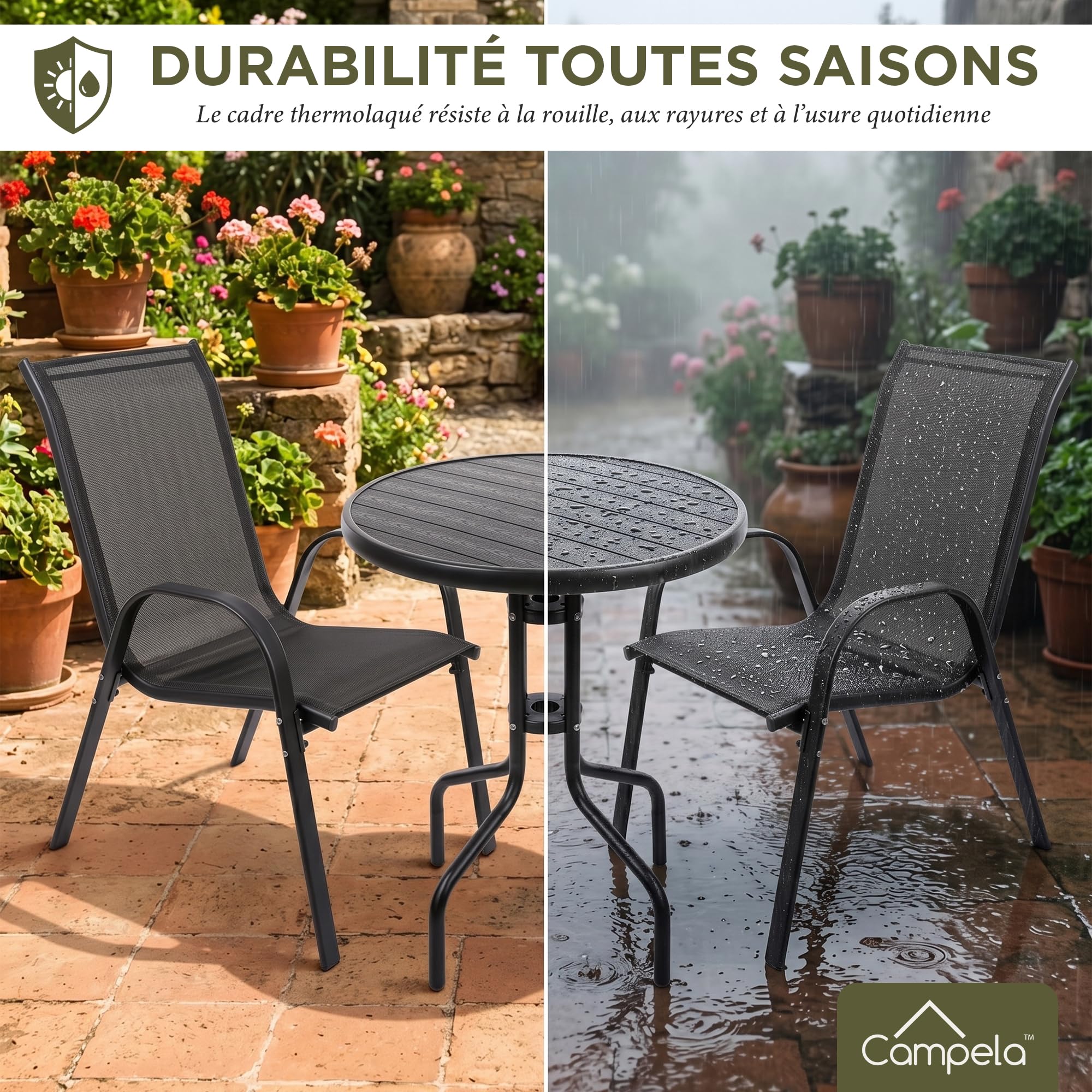 CA1045 Ensemble de Jardin pour Balcon - Table Ronde et 2 Chaises Gris foncé - Design Compact - pour Balcon, terrasse, Jardin - Hauteur de la Table 70 cm, chaises 90 cm