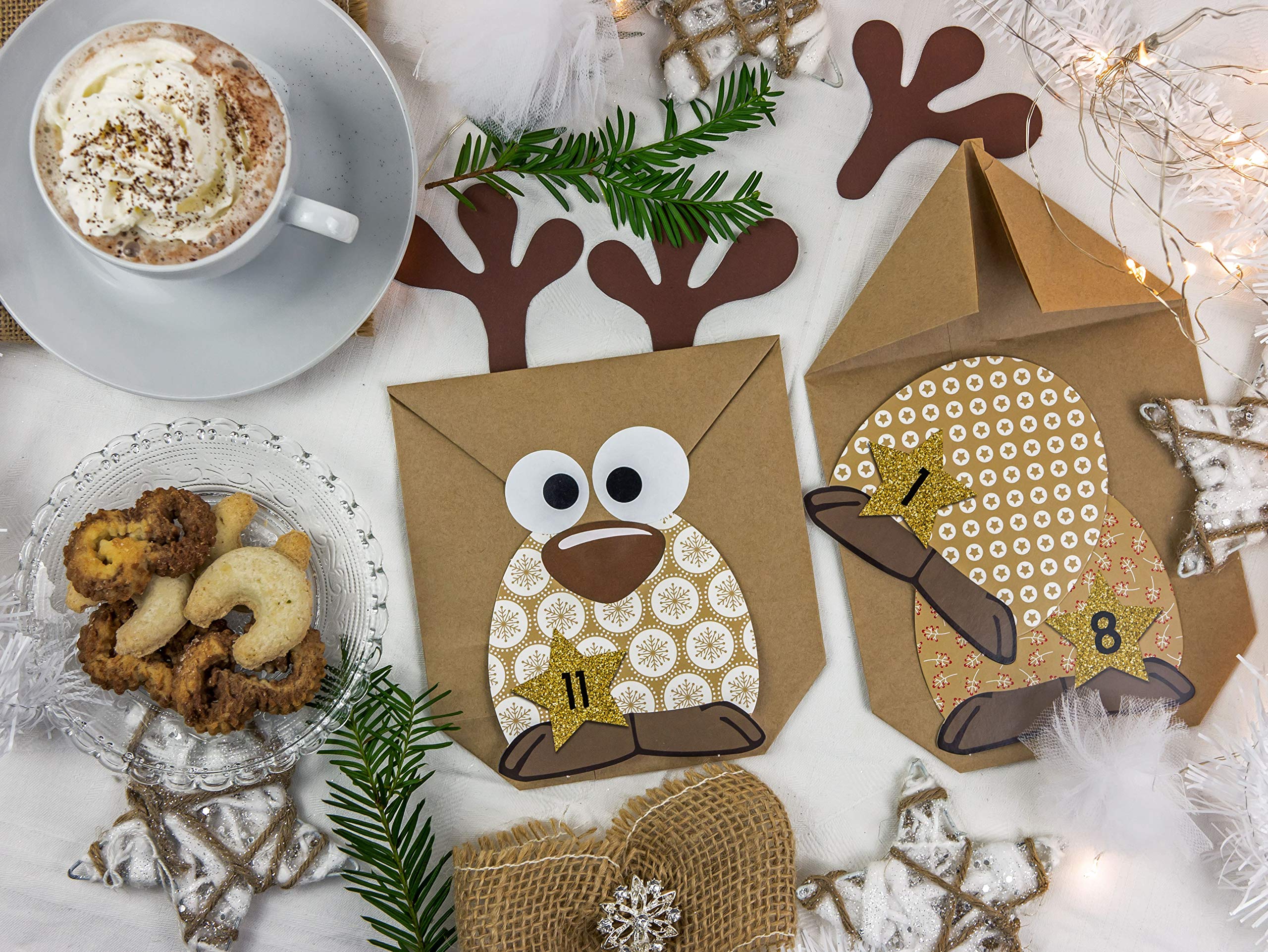 Papierdrachen Calendrier de l'Avent à remplir - Renne au Ventre Brun à fabriquer soi-même - 24 Sacs à Personnaliser et à remplir soi-même - Noël 2021 pour Les Enfants