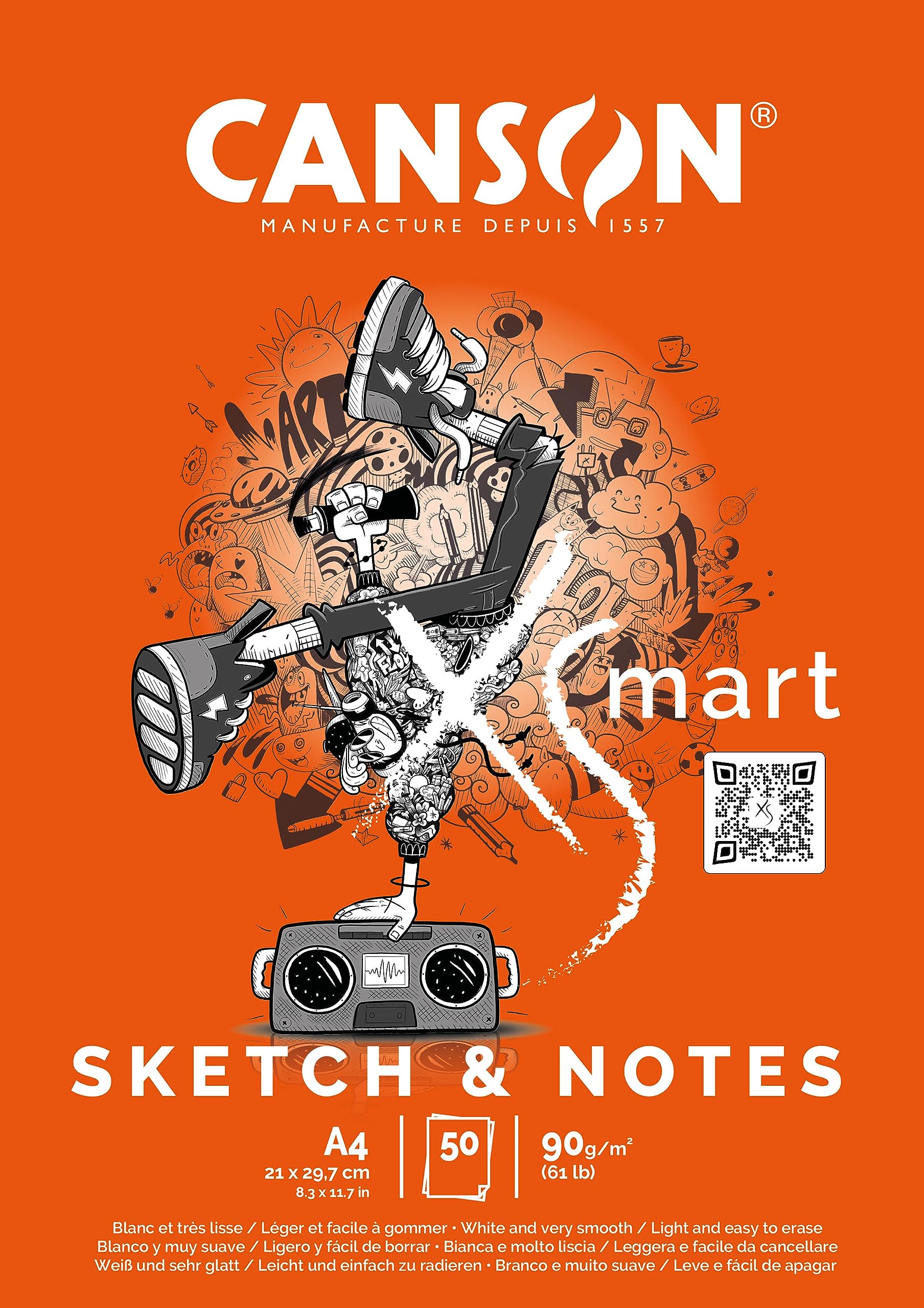 CANSON XSmart White Drawing Paper, Fine Grit, 90gsm, Long Side Glued Pad, A4-21x29.7 cm, White, 50 Sheets