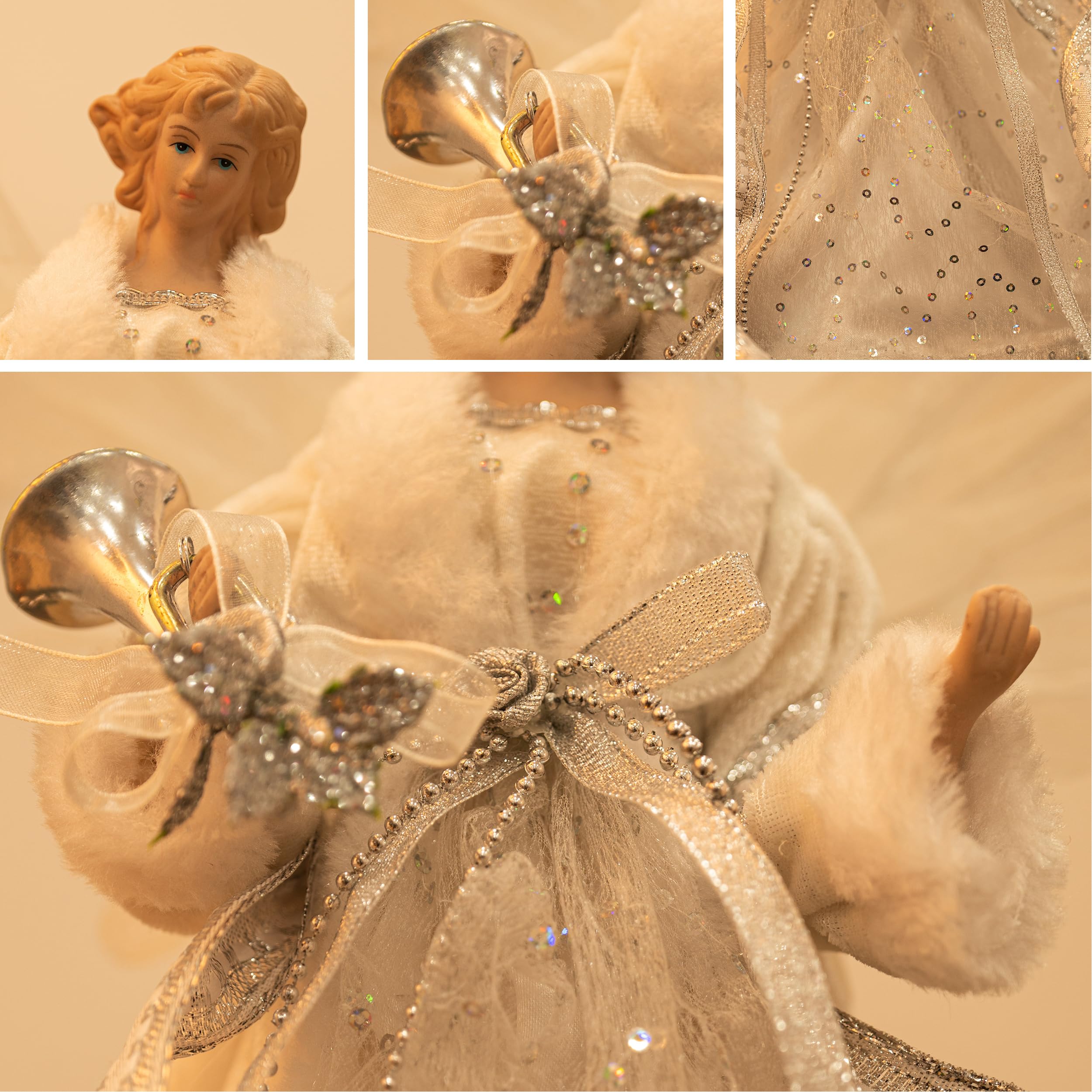 Valery Madelyn Décorations de Sapin de Noël avec Ange Blanc Argent, Pointe de Sapin de Noël en Forme d'ange Traditionnel, Cime de Sapin Noël avec 10 lumières LED, à Piles(Non Inclus) 31 cm