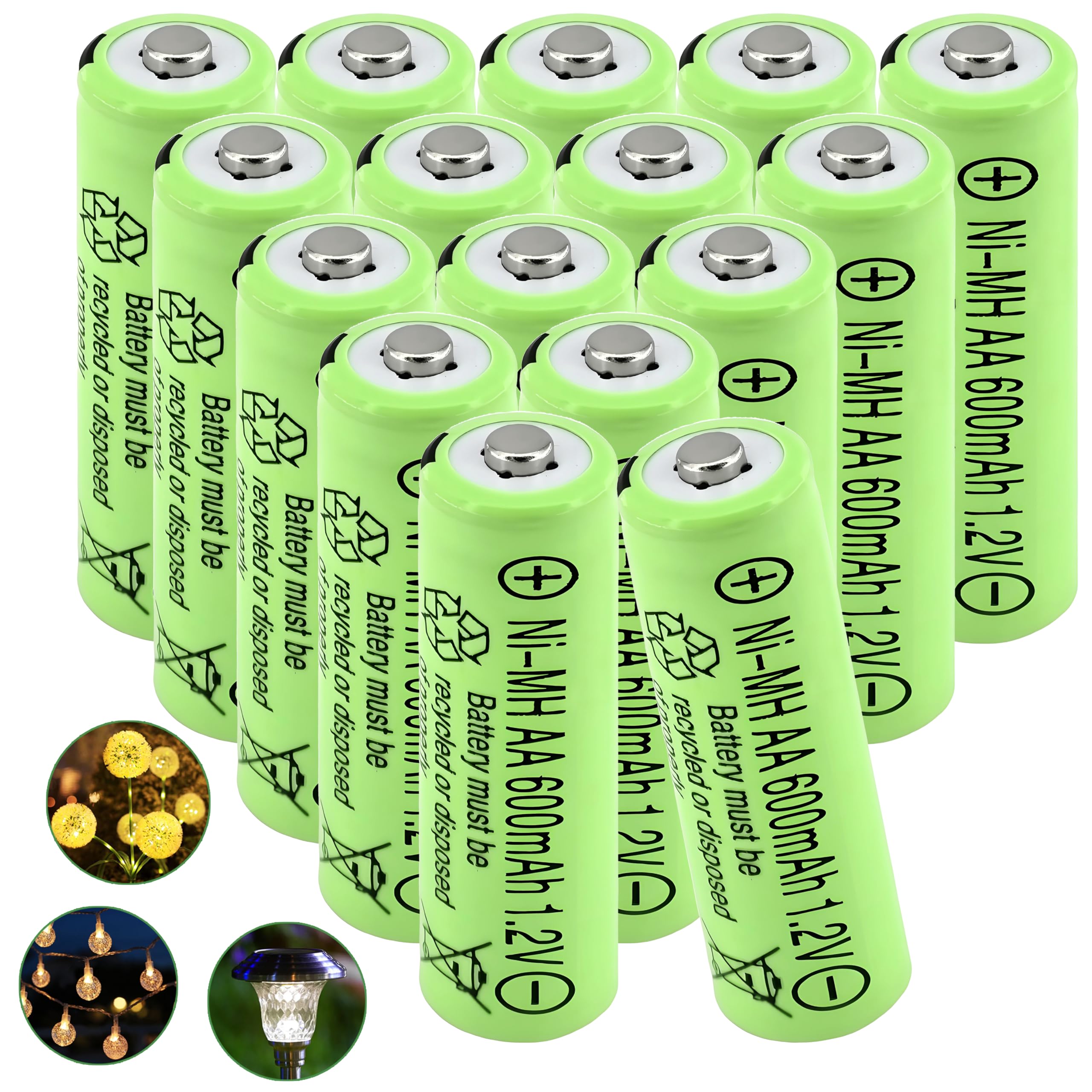 16 Packs 1.2v AA 600mAh Ni-MH Rechargeable Batteries Solar Powered Double aa Battery for Outdoor Solar Lights, Toys, Cameras, Reusable Batteries, Long