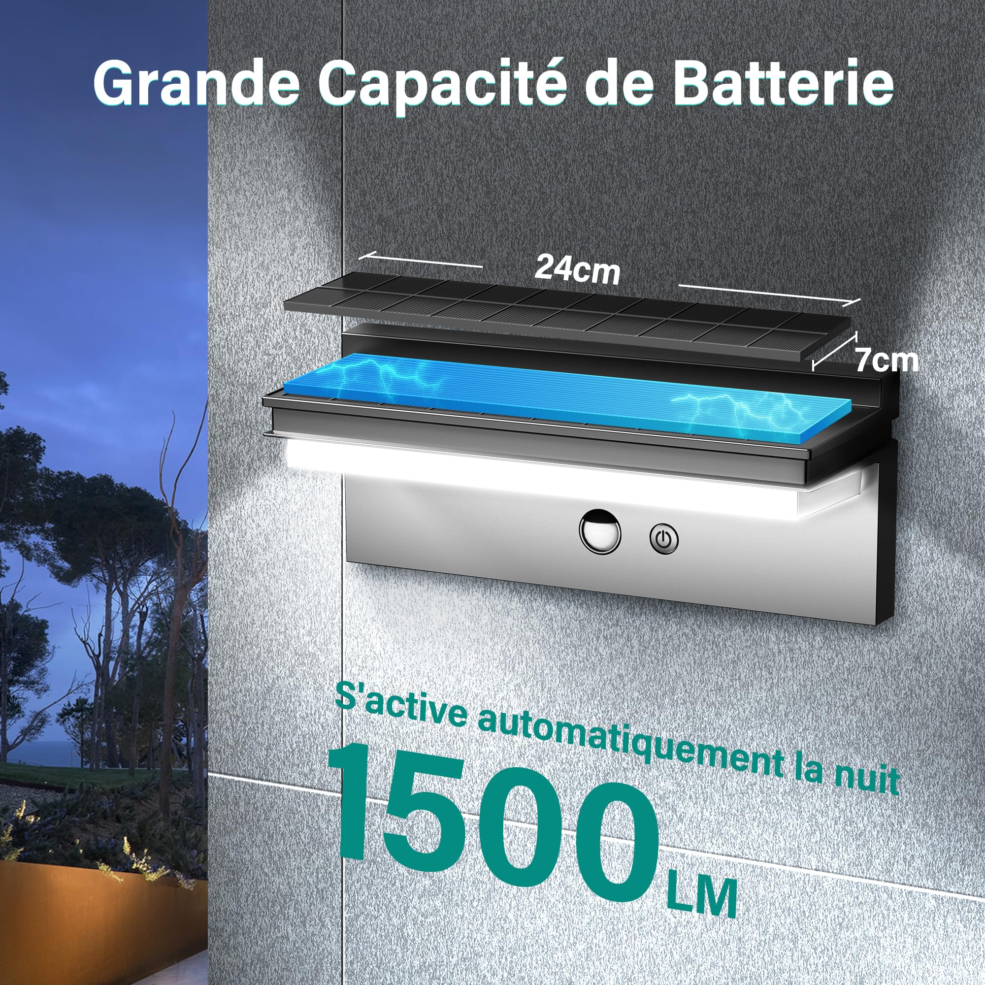 Lampe Solaire Extérieur Détecteur de Mouvement | Blanc Froid, 1500 LM Applique Murale Exterieur, Étanche IP65, 4 Modes pour Jardin, Garage