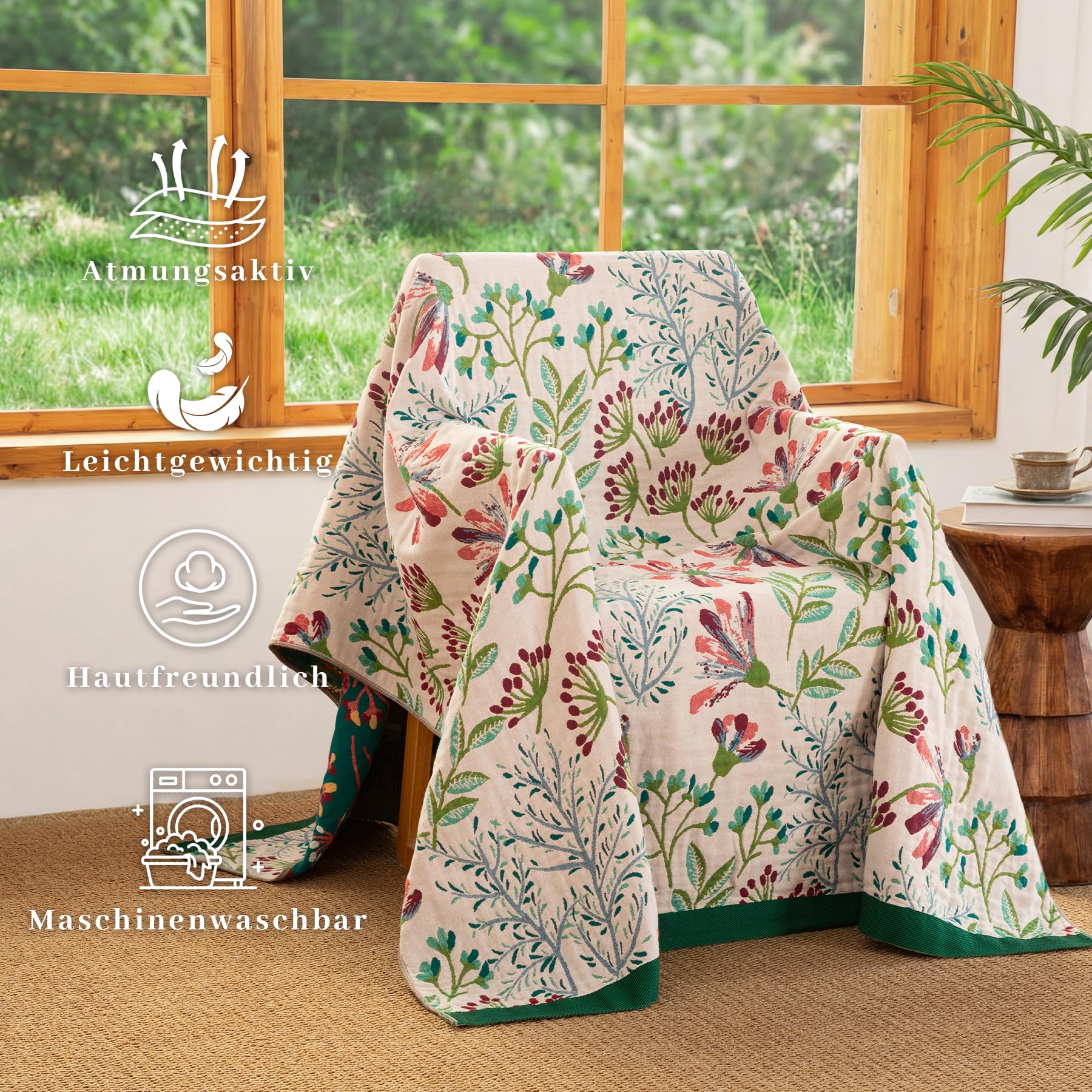 Premium Boho Tagesdecke 200x230cm, 100% Baumwolle Doppelseitige Musselin Decke, Kuschelige Sofadecke & Bettüberwurf, Atmungsaktiv für Wohnzimmer und Schlafzimmer