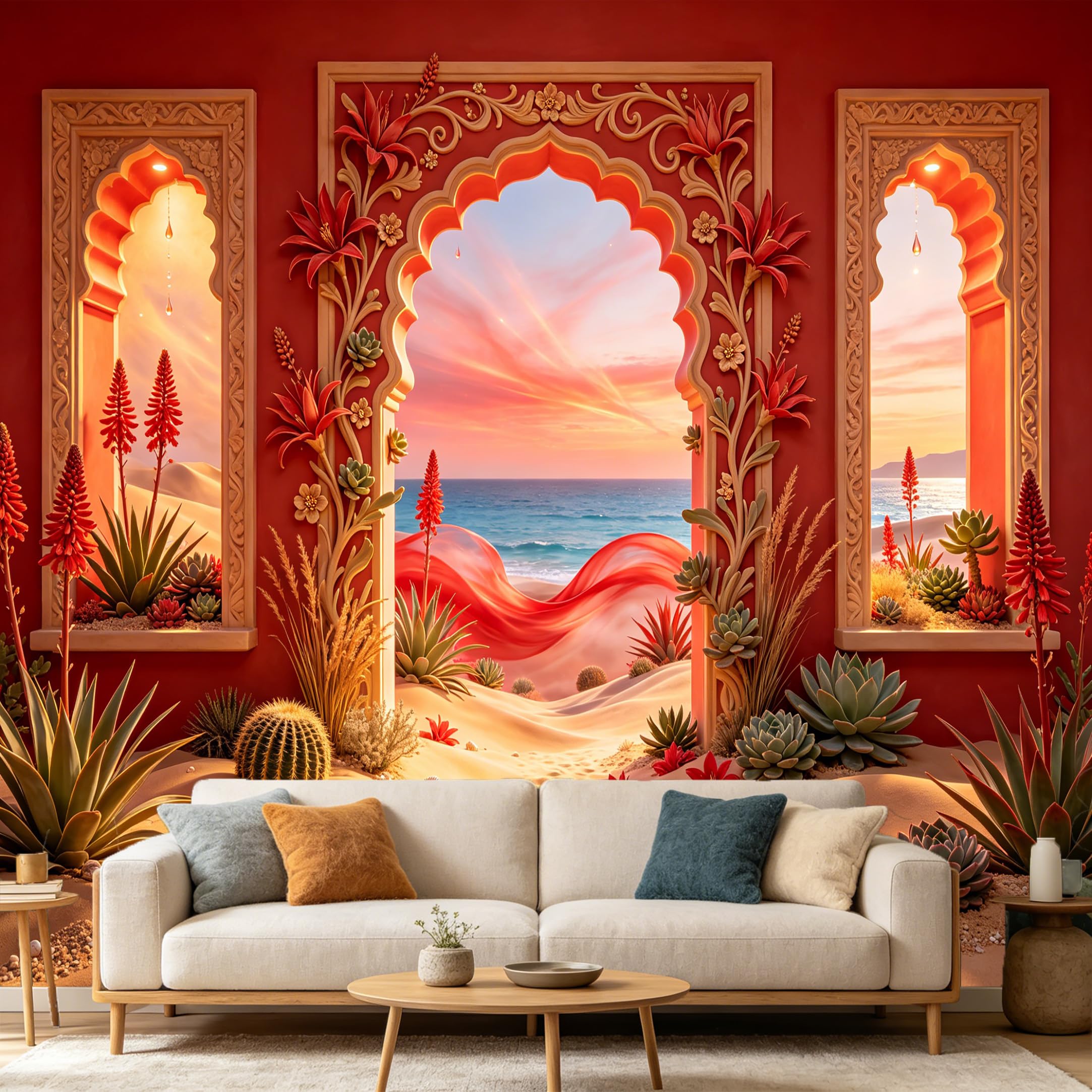 Custom Size Wall Mural， 3D Tropical Desert Oasis Ocean Sunset Archway， SelfAdhesive Art Prints wall Fabric Removable Large Wallpaper Home Living Room Decor