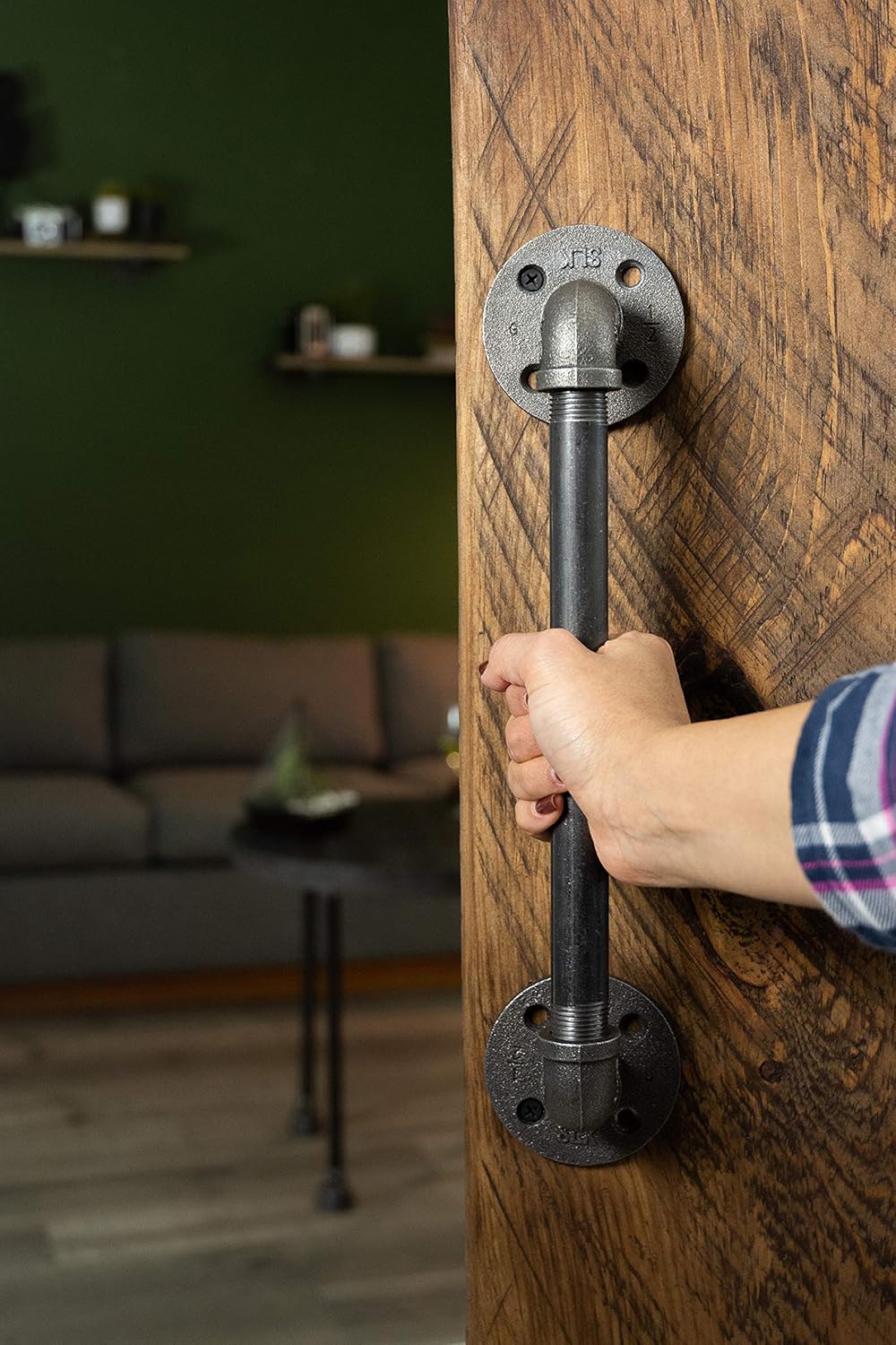 Rustic Industrial Pipe Décor Barn Door Handle, 10 inch - Authentic Industrial Steel Grey Iron Fittings, Flanges and Pipes for Custom Vintage Hanging Doors, DIY Kit with Hardware