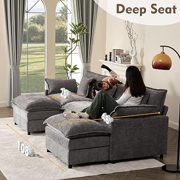 274 cm U-Shaped Sofa, Chenille Deep Seat Sofa Bed, Slate | Cloud Comfort, Deep Seat Design, Soft Chenille Upholstery, Machine-Washable Covers, Movable Ottoman