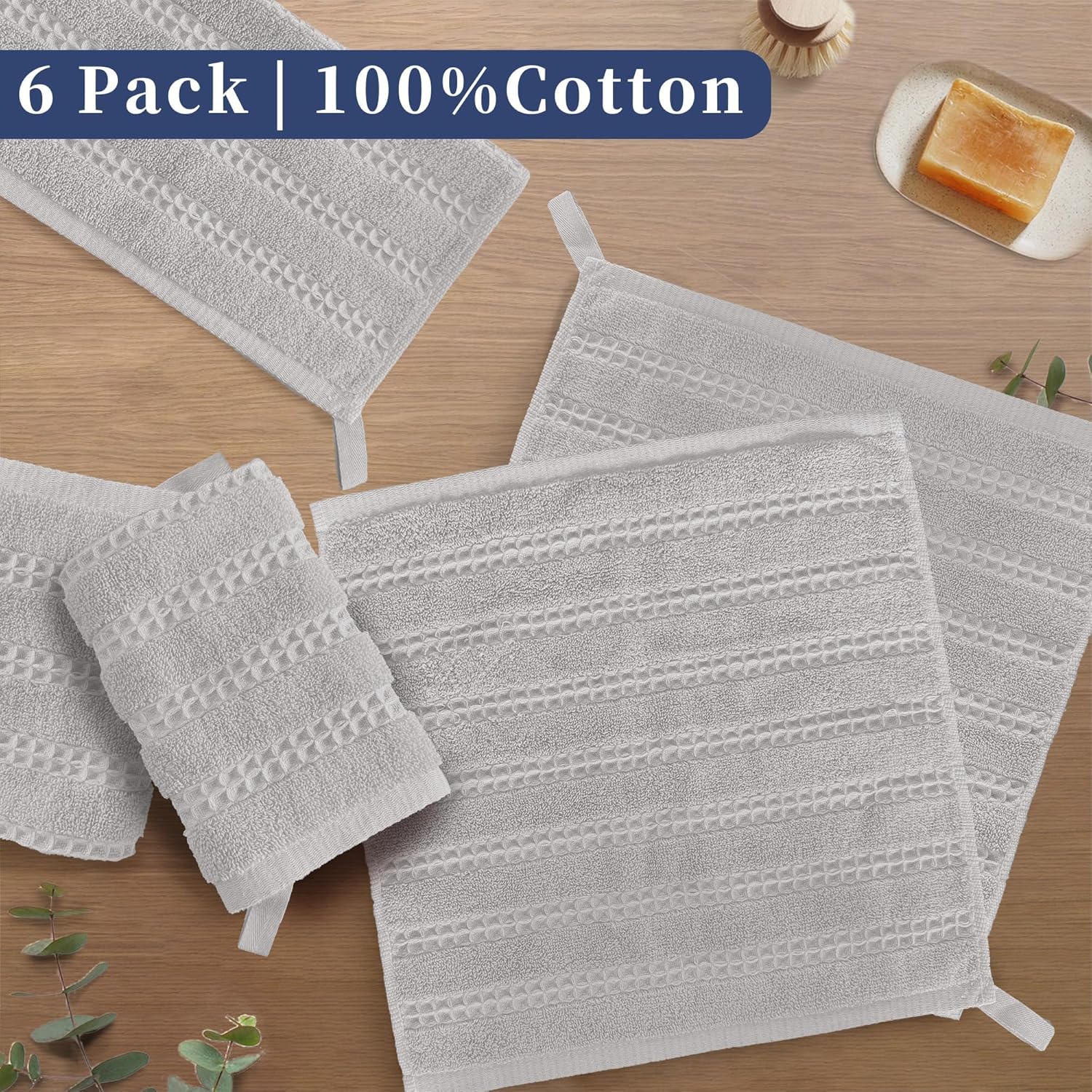 VOOVA & MOVAS Waffle Gray Washcloths Towel Set with Hanging Loops, 100% Cotton(6PC 13" x13"), Kitchen | Bathroom Use, Super Absorbent & Quick Dry, Waffle Face Cloths, Luxury Wash Towels Gift Set