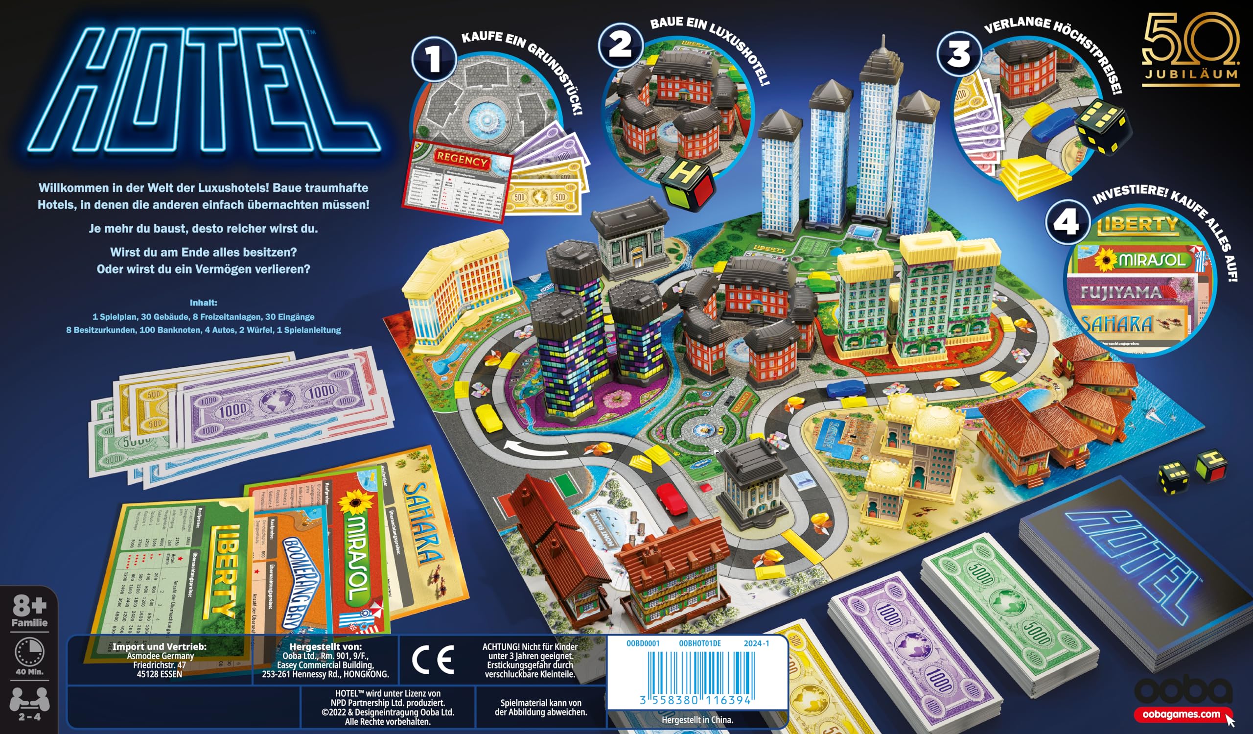 Ooba Games, Hotel (Auflage 2024), Familienspiel, Brettspiel, 2-4 Spieler, Ab 8+ Jahren, 40 Minuten, Deutsch
