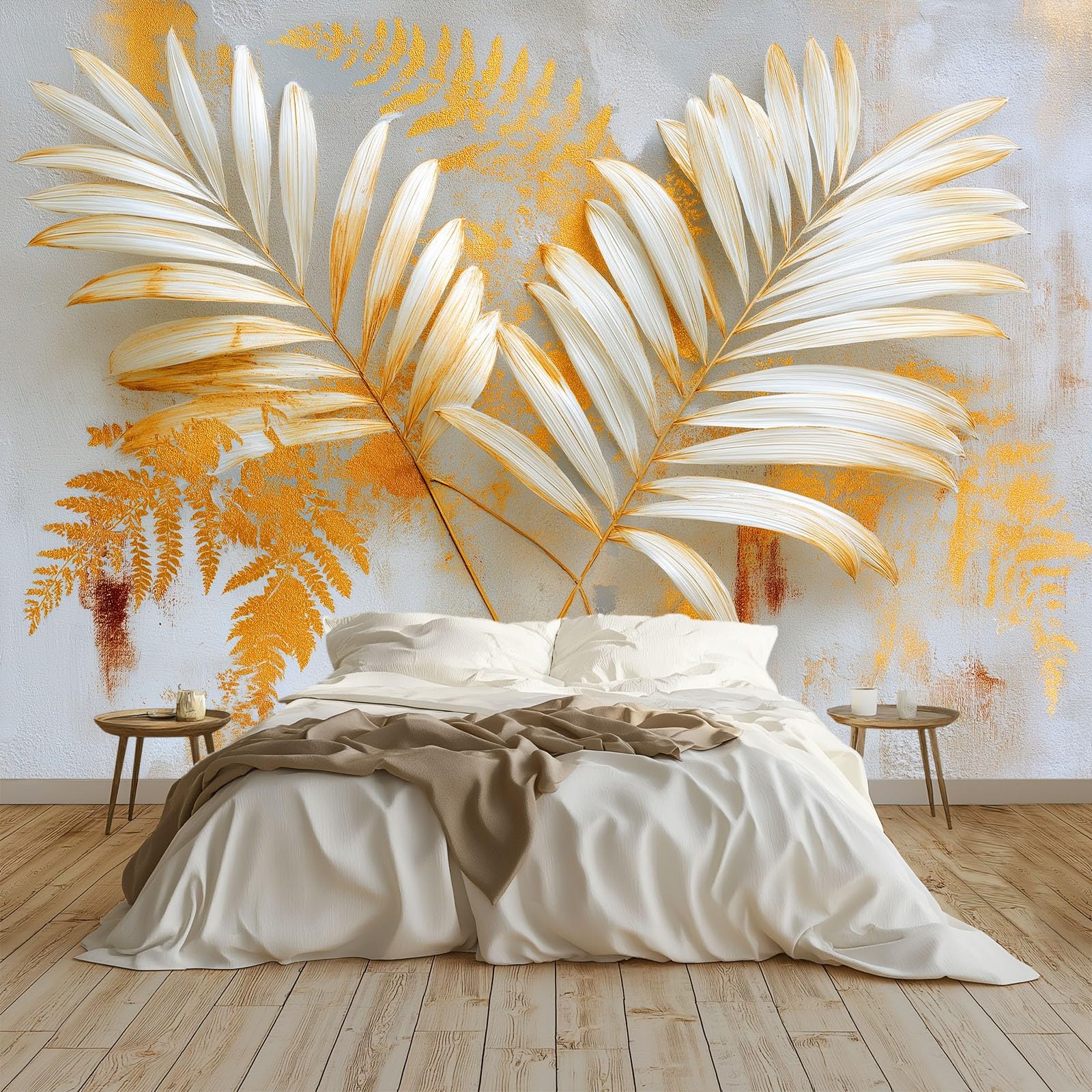 Panoramiczna minimalistyczna tapeta z liści palmowych gałęzie botaniczny szary grafitowy 350 x 256 cm - nowoczesny gobelin ścienny z włókniny do salonu, sypialni lub pokoju dziecięcego