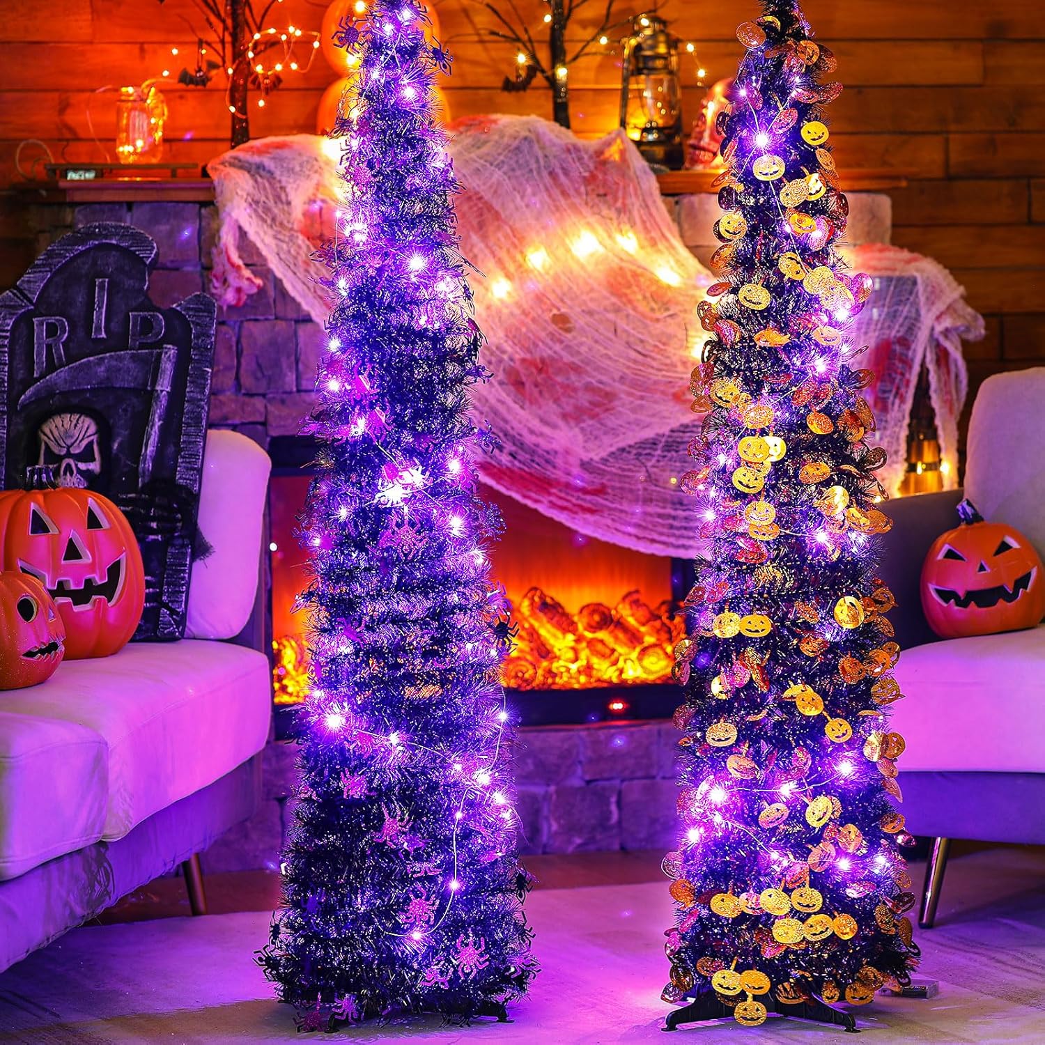 Baquler 2 Pcs 5ft Halloween Tree Black Tinsel Halloween