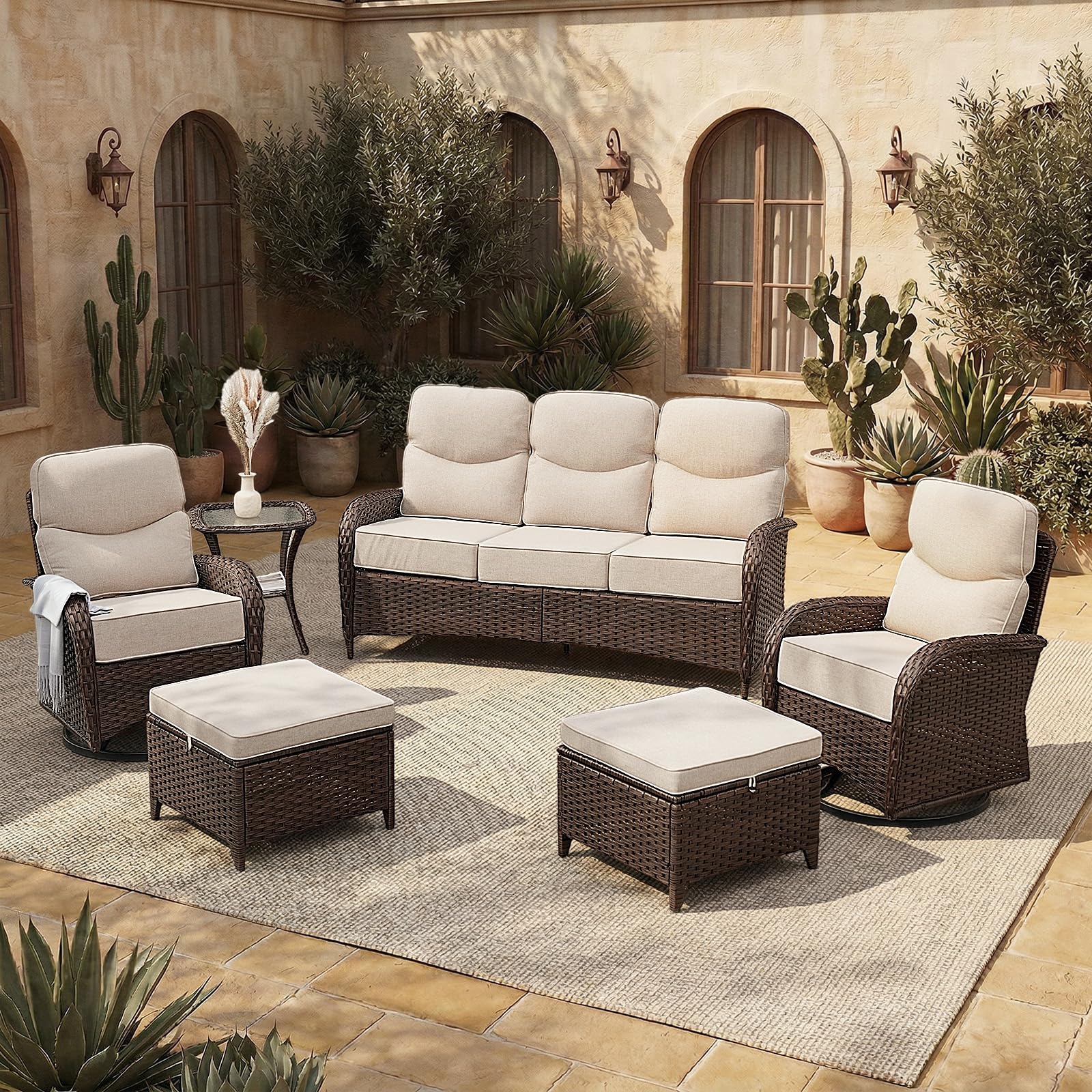 AOUKI Patio Furniture Set with Luxury 6" Cushions, 6 Pcs Swivel Rocking Patio High Back Chairs and Couch, Outdoor Wicker Conversation Set for Deck,