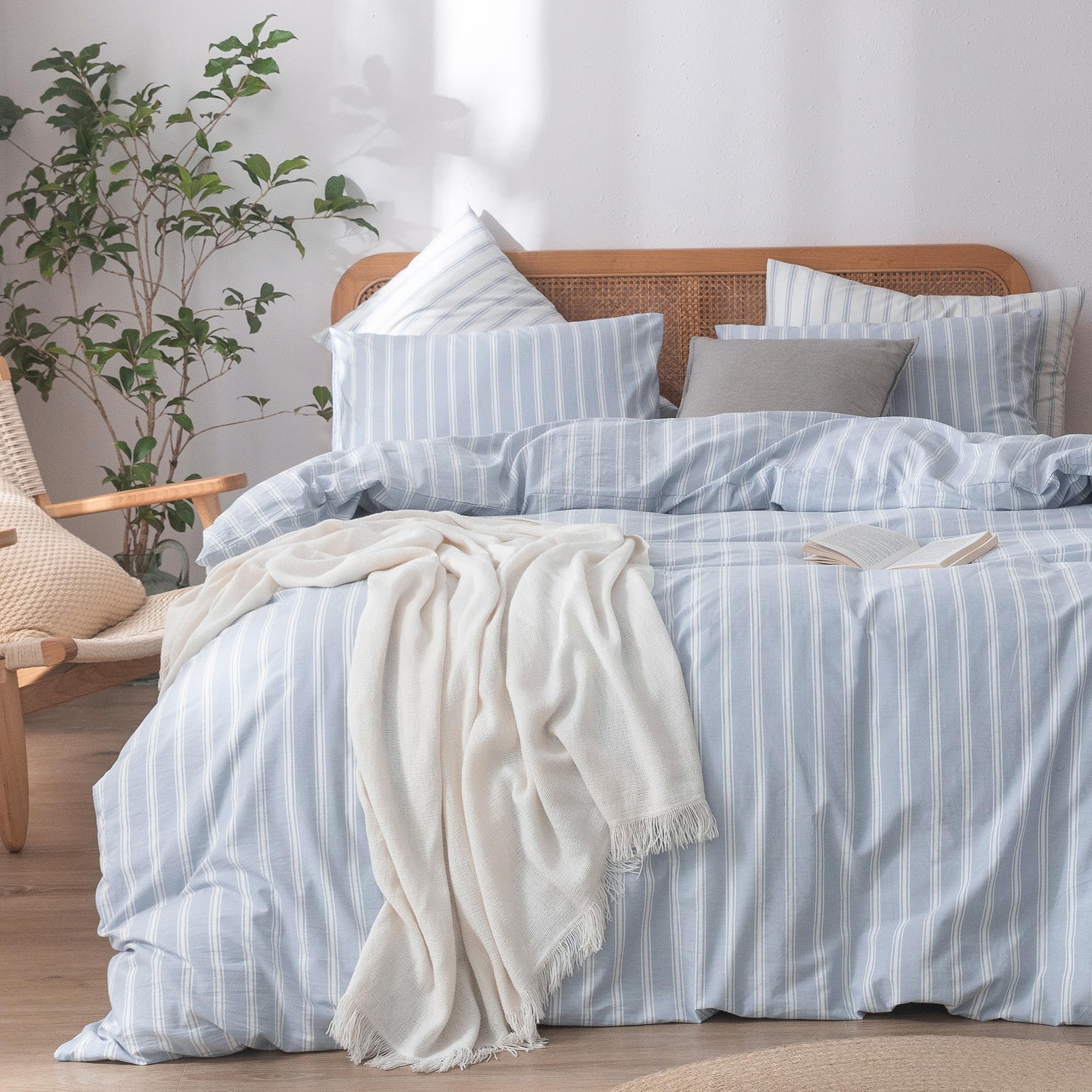 BESTOUCH Striped Cotton Duvet Cover Set Linen Feel Full