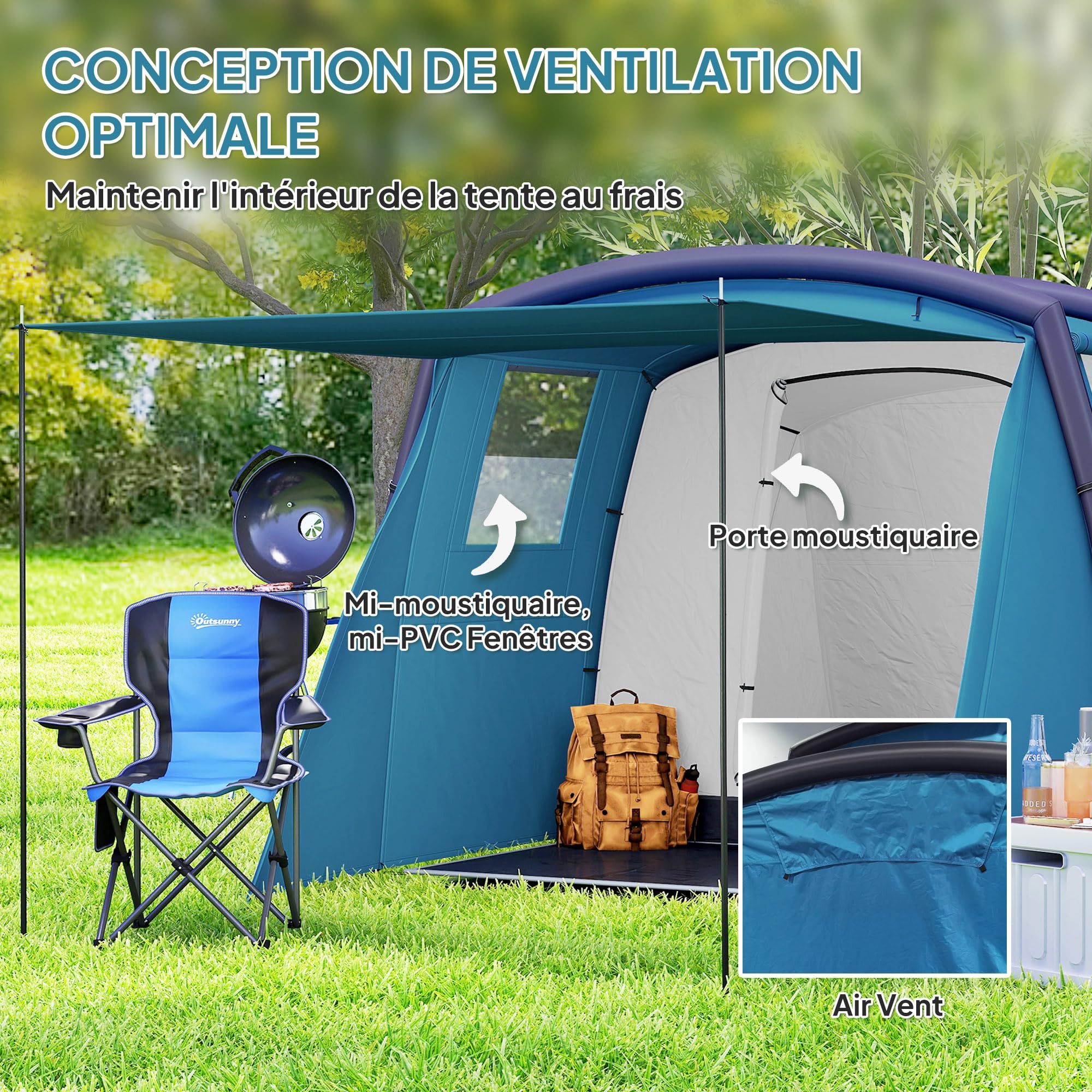 Outsunny Tente de Camping Gonflable Tente Gonflable Tunnel 3 à 6 Personnes avec Chambre à Coucher, Salon et Porche Pompe à Air Sac de Transport Inclus Montage Rapide 420 x 200 x 150 cm Bleu