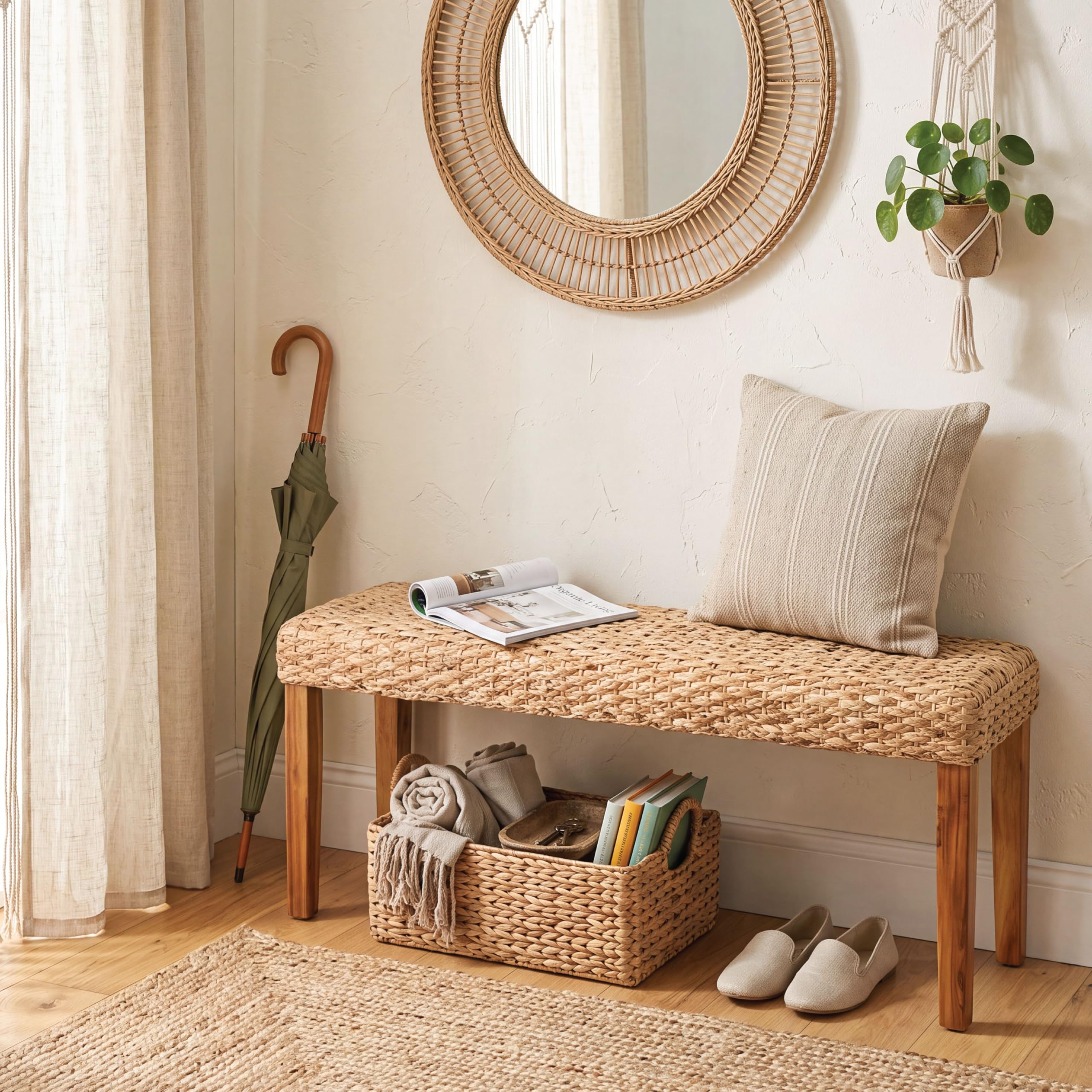 Indoor Wicker Bench 47" Solid Wood Acacia &amp; Natural Woven Seat, Natural Leg
