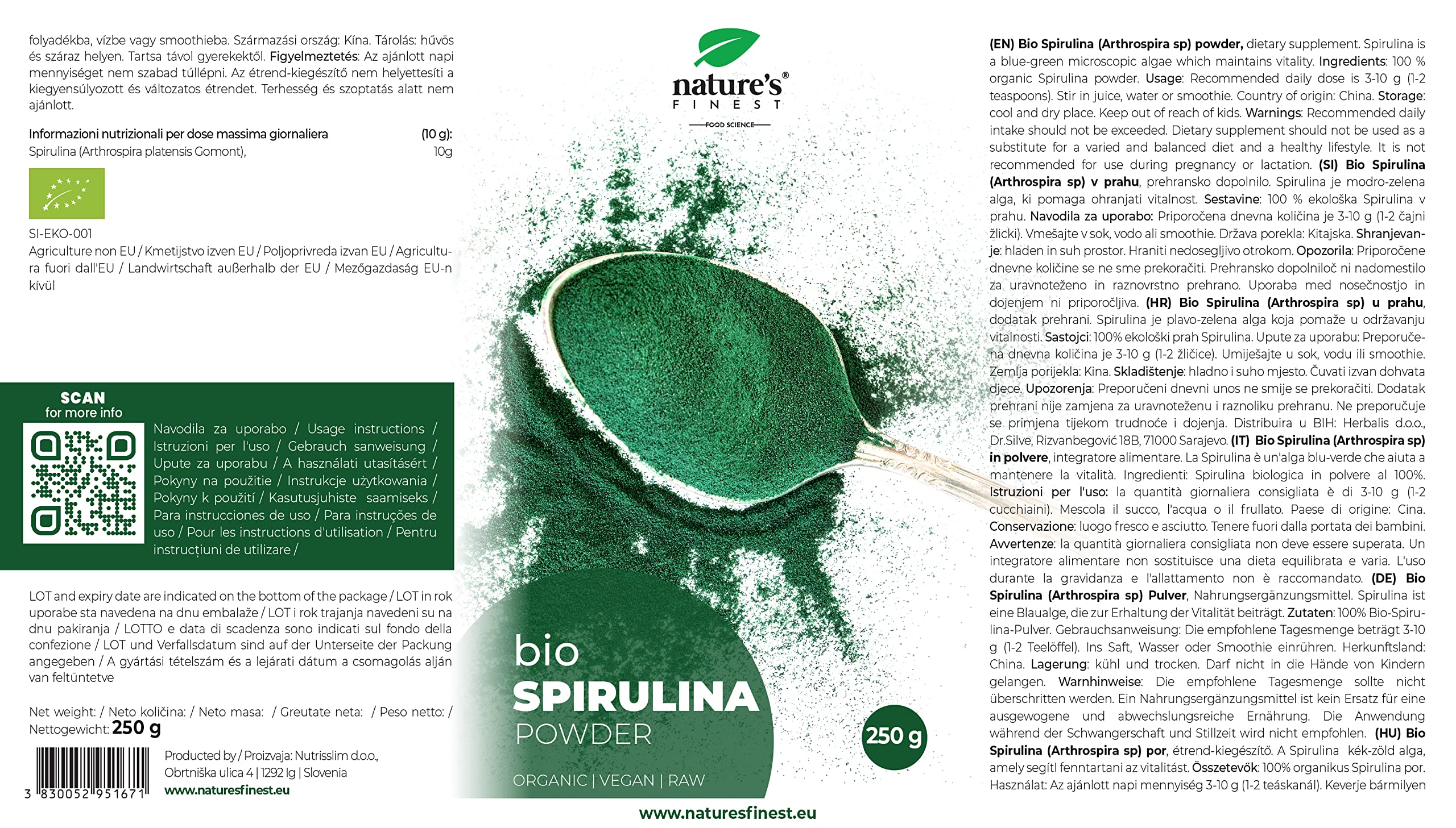 Nature's Finest Spirulina Bio in Polvere 1250 g (5x250 g) | Alga spirulina 100% pura certificata bio - polvere blu-verde, vegan, senza additivi - ideale per frullati, succhi e bowl