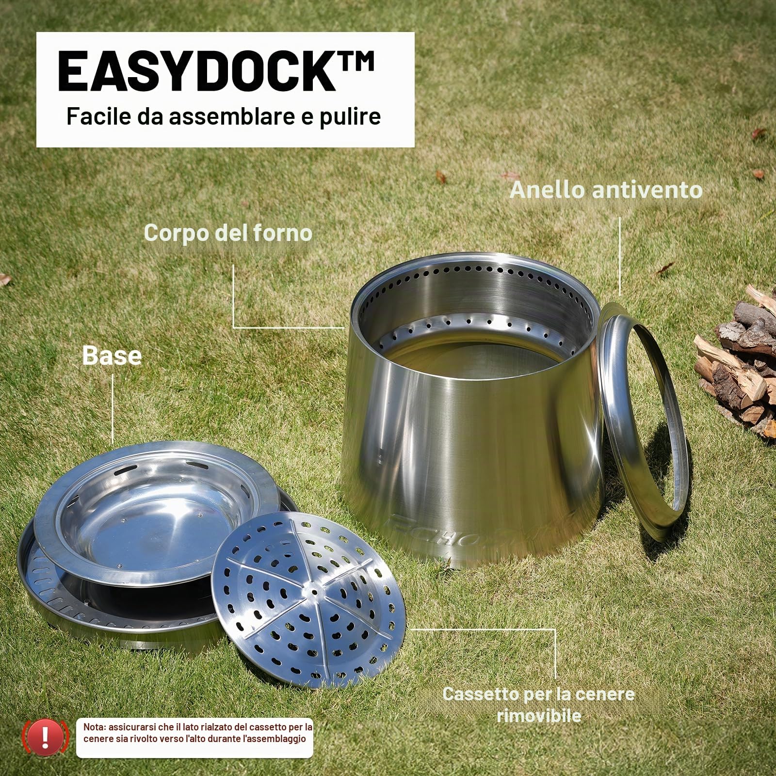 EchoSmile Braciere Senza Fumo da 46 cm con Tripla Combustione e Valvola Regolabile, Cassetto Cenere Rimovibile, Acciaio Inox, Focolare Portatile per Esterni, Giardino, Patio, Campeggio