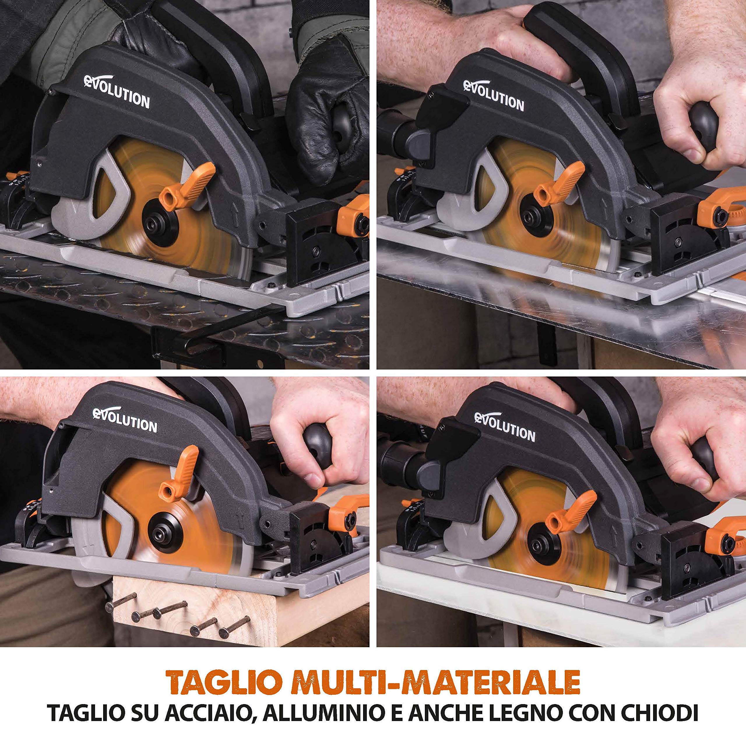 Evolution Power Tools - R185CCSX Sega Circolare Multi-Materiale 185 mm Compatibile con Binario Guida (Pacchetto Abbinato con Binario da 1020 mm Incluso), 230 V
