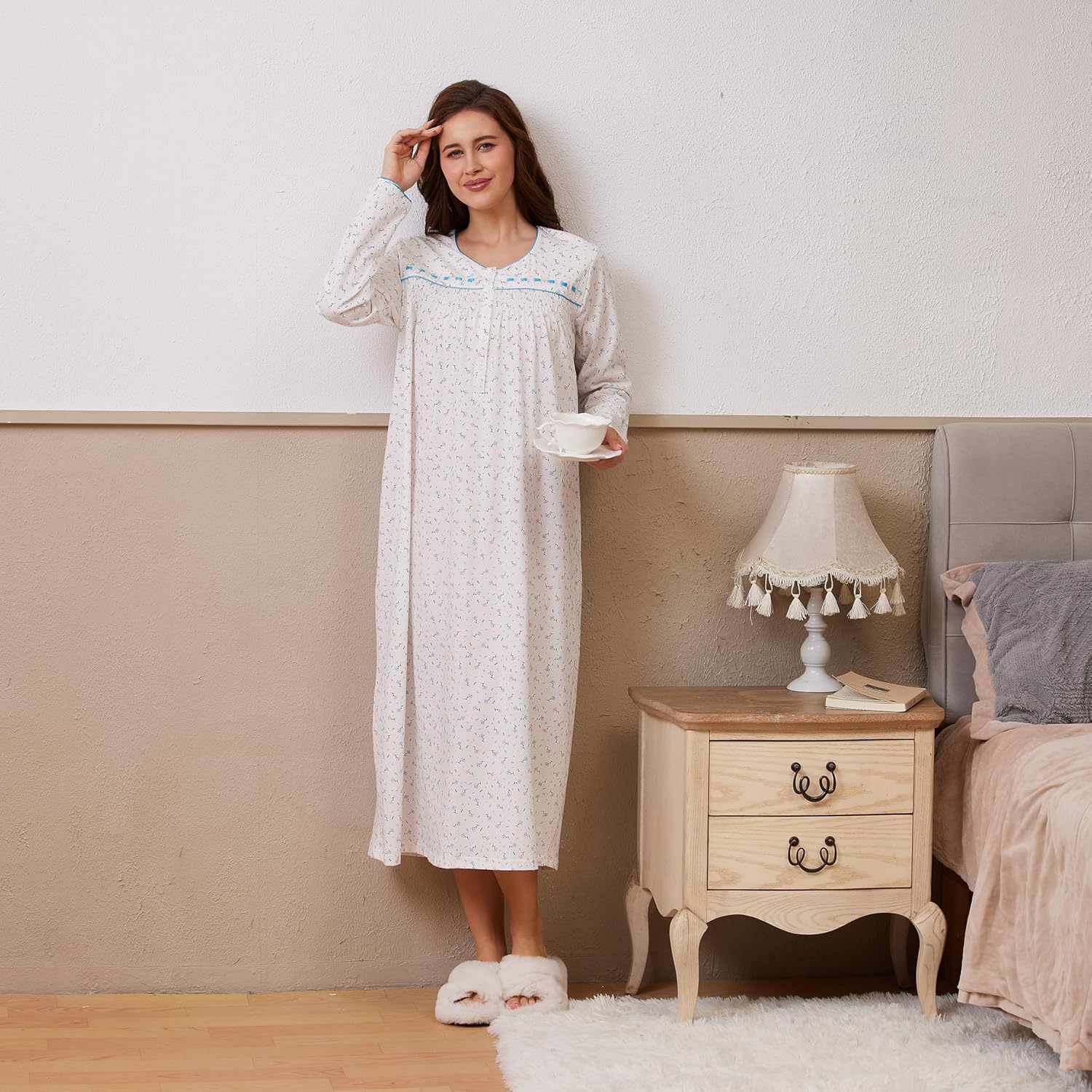 Keyocean Nightgowns for Women, Soft Cotton Comfy Lightweight Embroidered Long-sleeve Nightdress - Image 4
