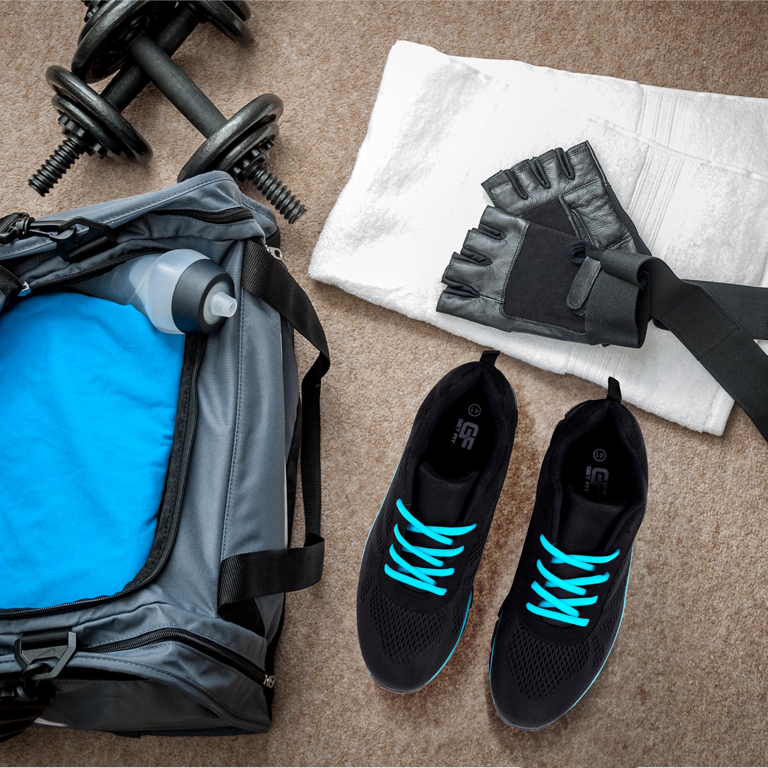 Get Fit Women’s Lightweight Trainers - Breathable Mesh Gym Walking Shoes - Comfortable Lace-Up Fitness Sneakers, Flexible Non-Slip Sole - Black/Turquoise - UK6/EU39