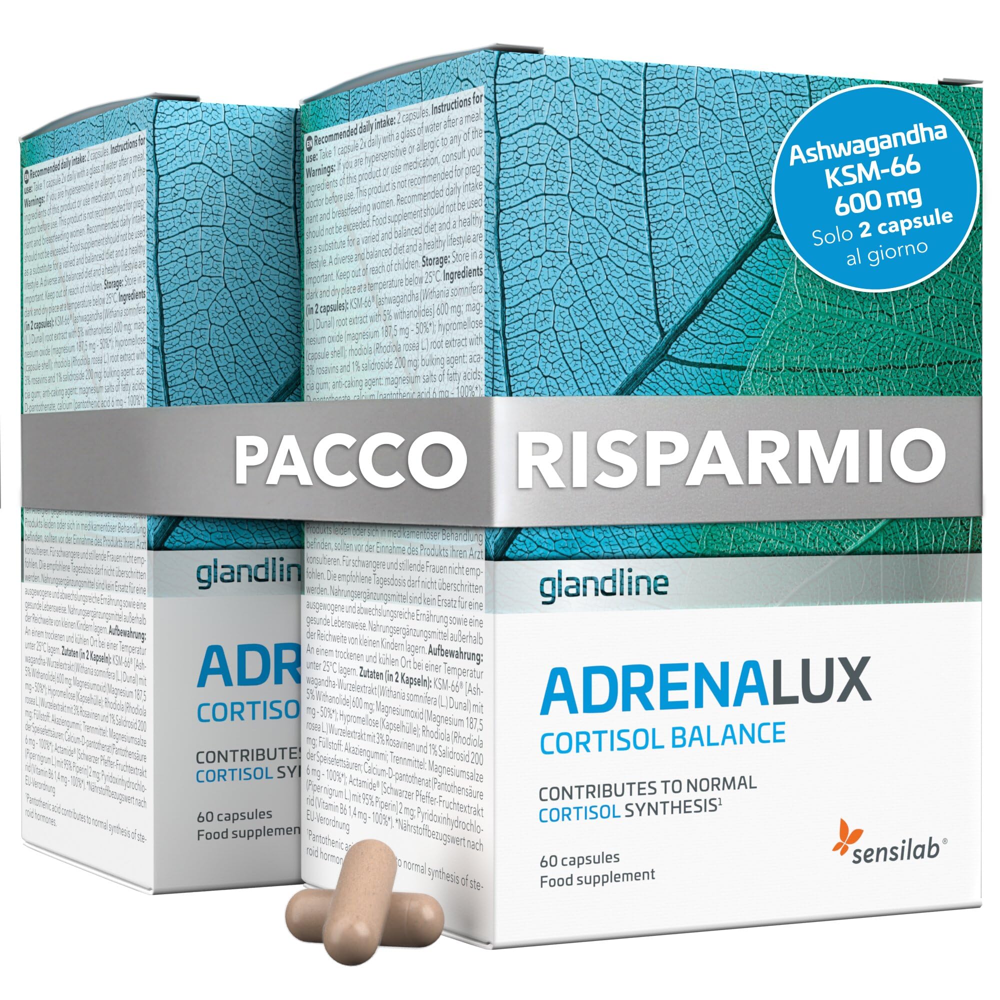 Adrenalux - Integratore Cortisolo con Ashwagandha KSM-66 600 mg e Rhodiola Rosea