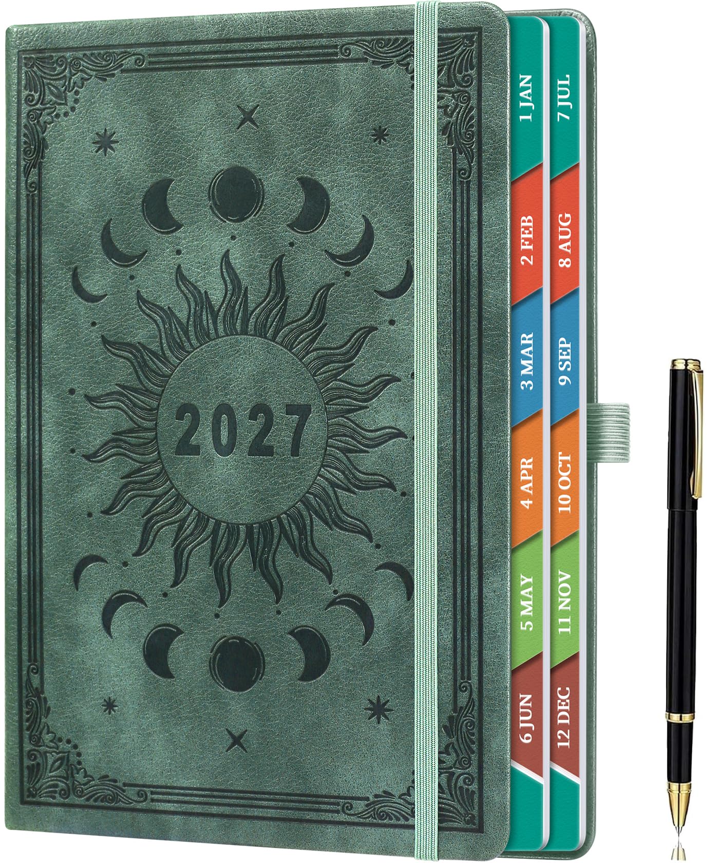 ZXHQ Diary 2027 Day Per Page A5, Jan - Dec, with Colorful Tabs, UK Holidays, Inner Pocket,100 Gsm Paper, Pen Set, Full Year Daily Planner 2027 with Monthly View, 5.9" × 8.5" - Mystic Sage