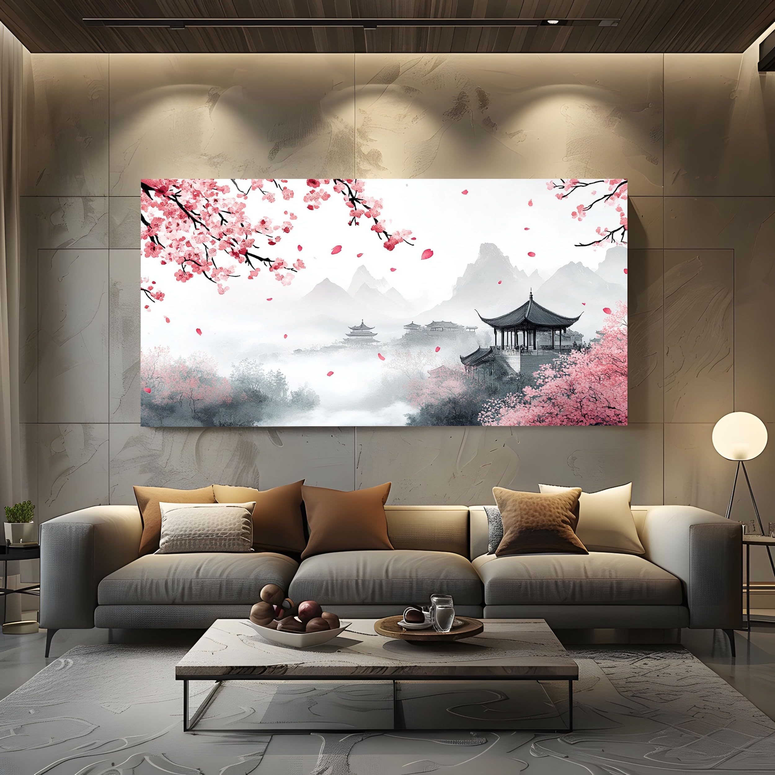 ZORYAN Japanese Cherry Blossom Pictures Wall Art for Living Room Oriental Asian Pagoda Large Canvas Prints for Hallway Decor Ink Painting Mountain Artwork for Bedroom Frameless 80x160 cm
