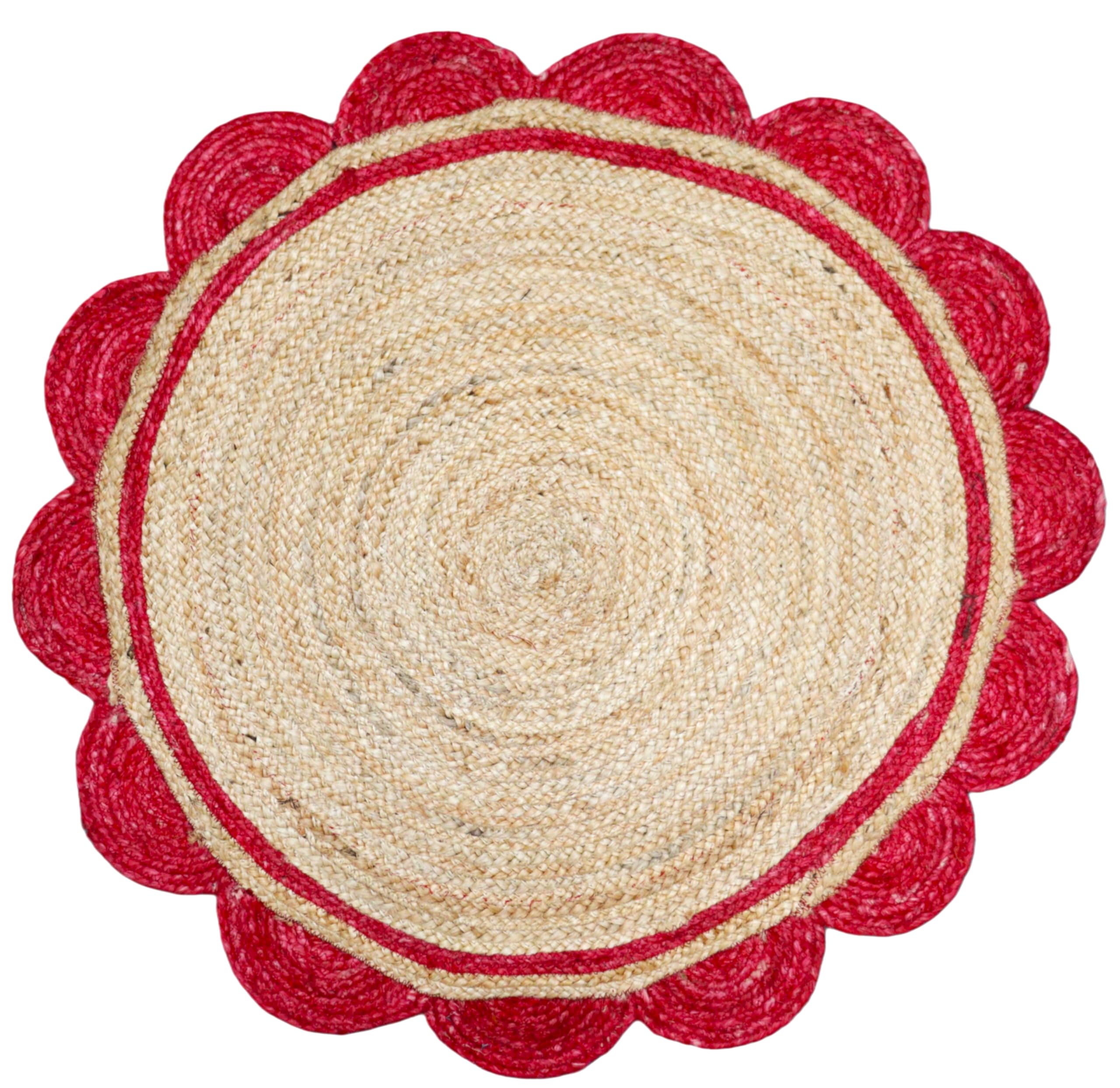 Tapis indien en jute naturelle tressé à la main avec motif festonné rouge pour salle à manger, chambre à coucher, salon, rond, 150 x 150 cm