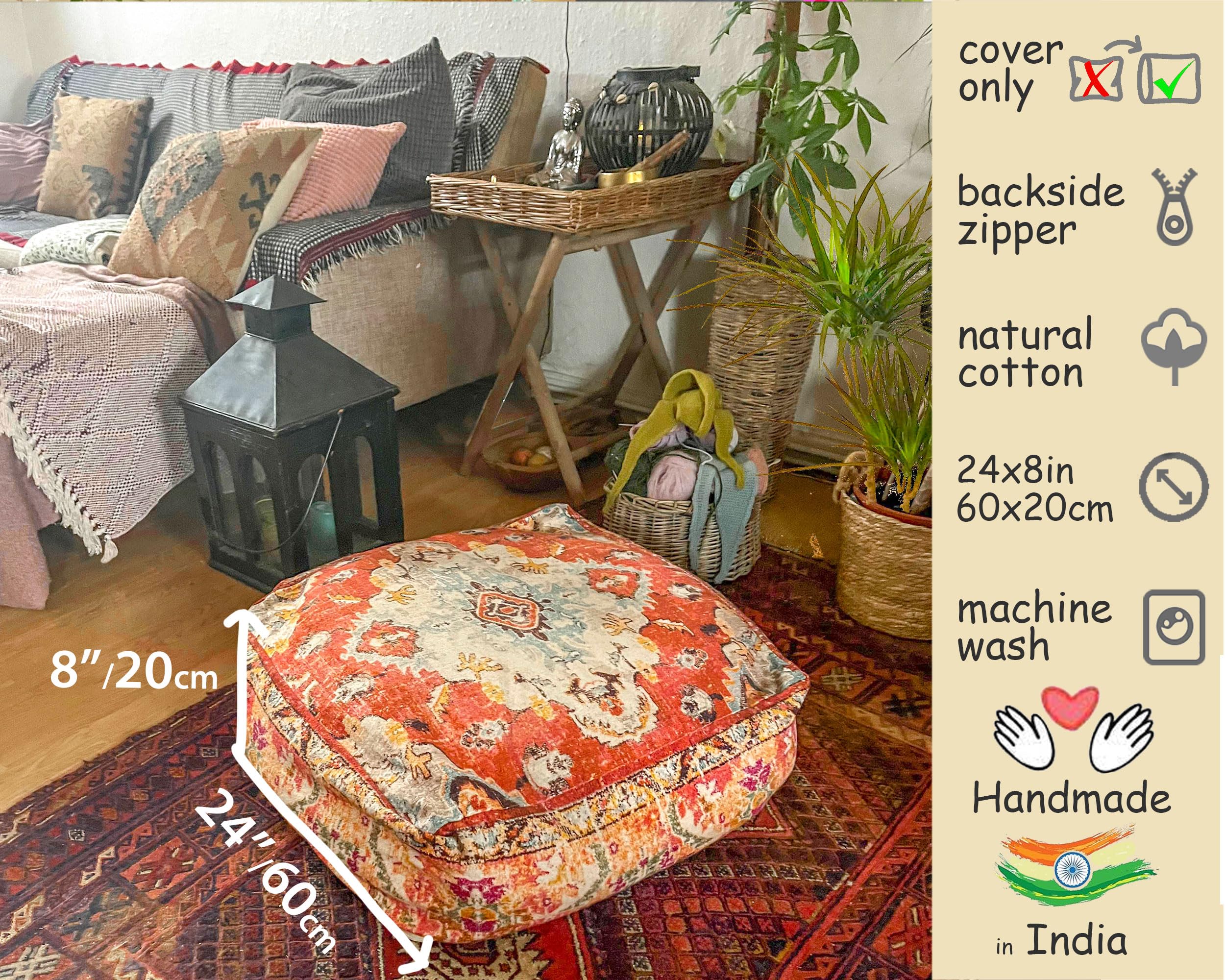 Pouf Indiano Artigianale Federa Cuscino Pavimento Bohémien - Cotone Stampato A Mano 60x20 Cm Arredamento Stile India - Foto 6