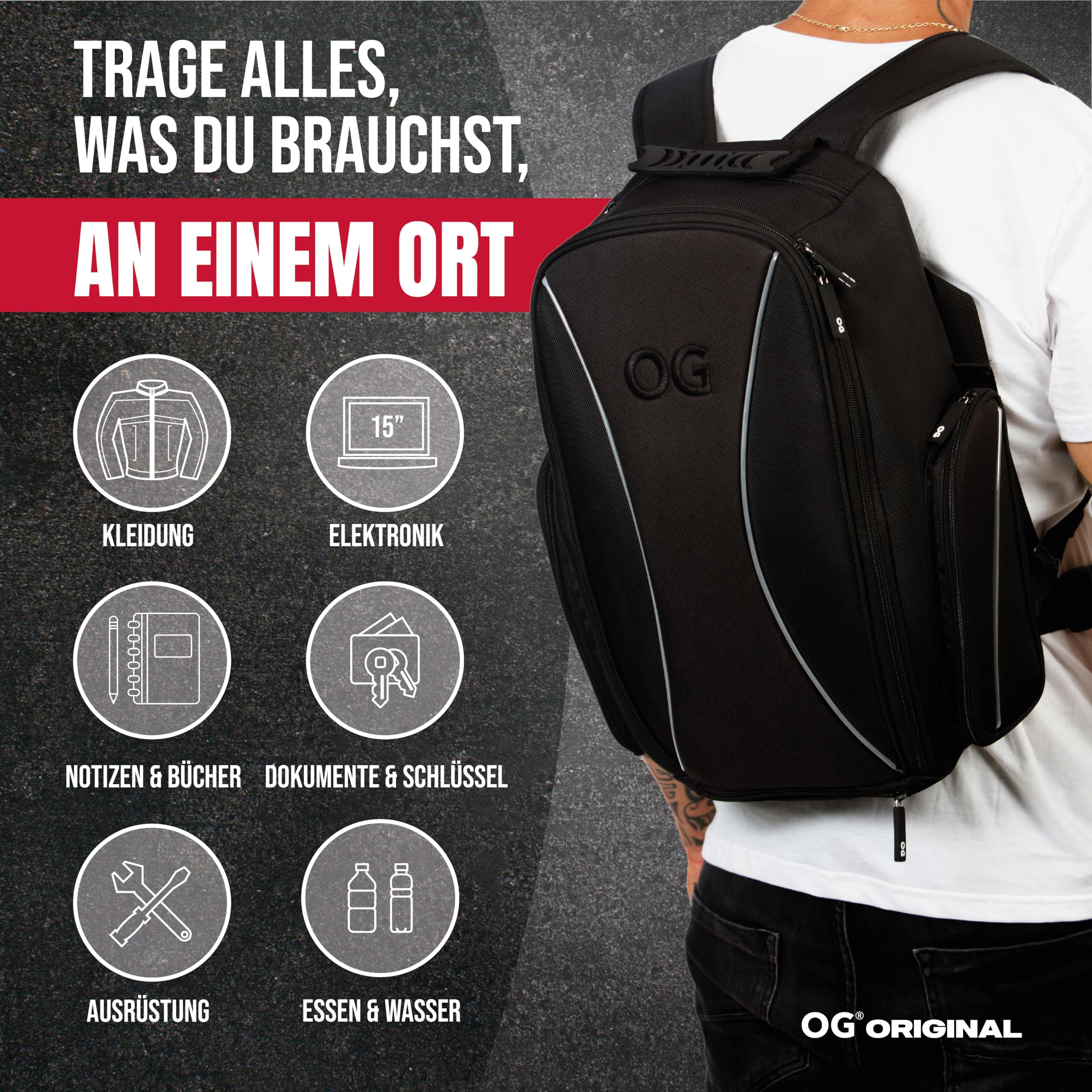 OG Original Motorrad Rucksack GO Schwarz Wasserdicht, 20L, Motorradhelm-Tasche, Helm-Trageriemen, Biking, Mann, Laptop-Fach, Reflektierend, Anti-Diebstahl