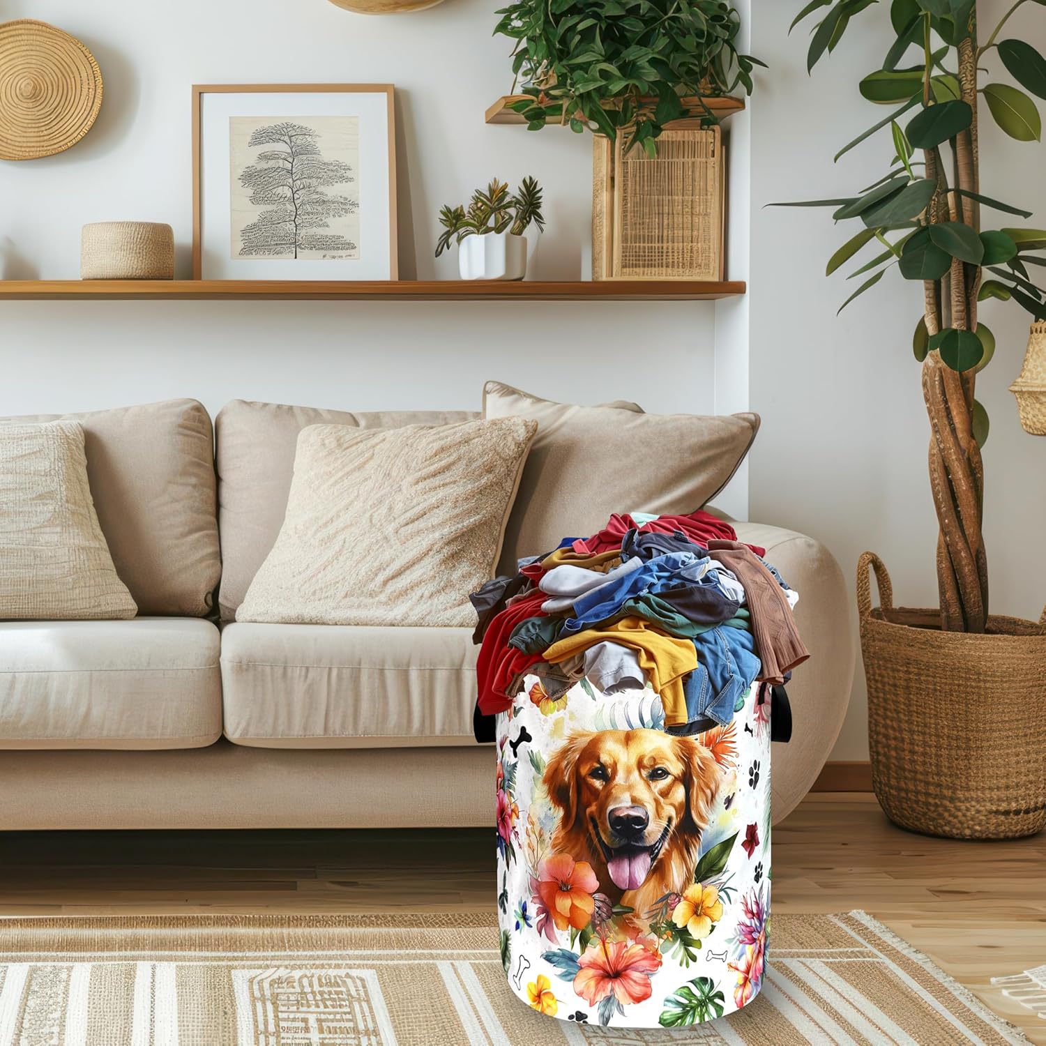 Dog Laundry Basket Oxford Cloth Funny Pet Flower Laundry Hamper With Handle Portable Clothes Storage Basket Foldable Laundry Bag 18.9"x16.5" For Laundry Room/Bedroom/Bathrooms