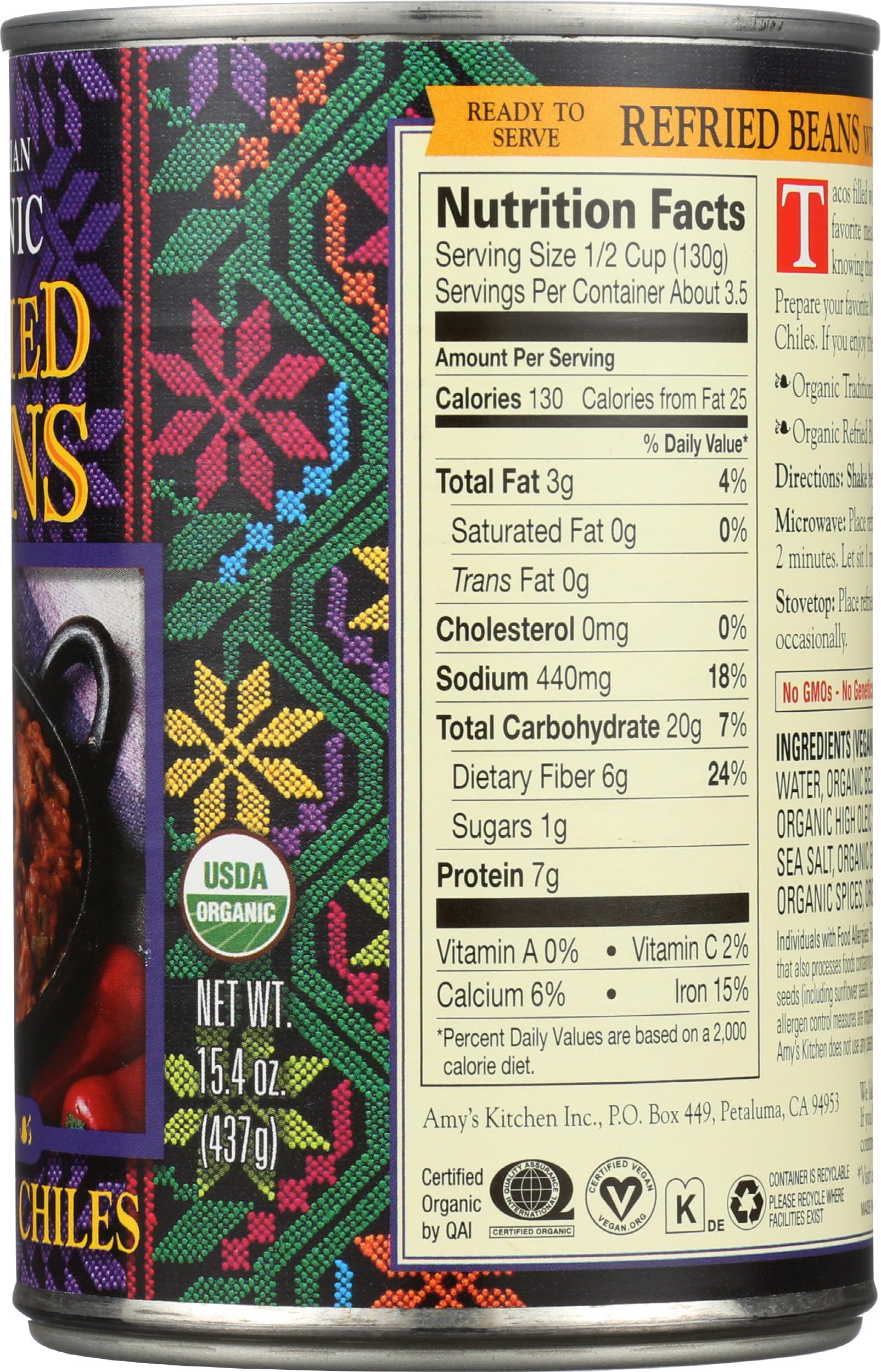 Amys, Beans Refried With Green Chiles Organic, 15.4 Ounce
