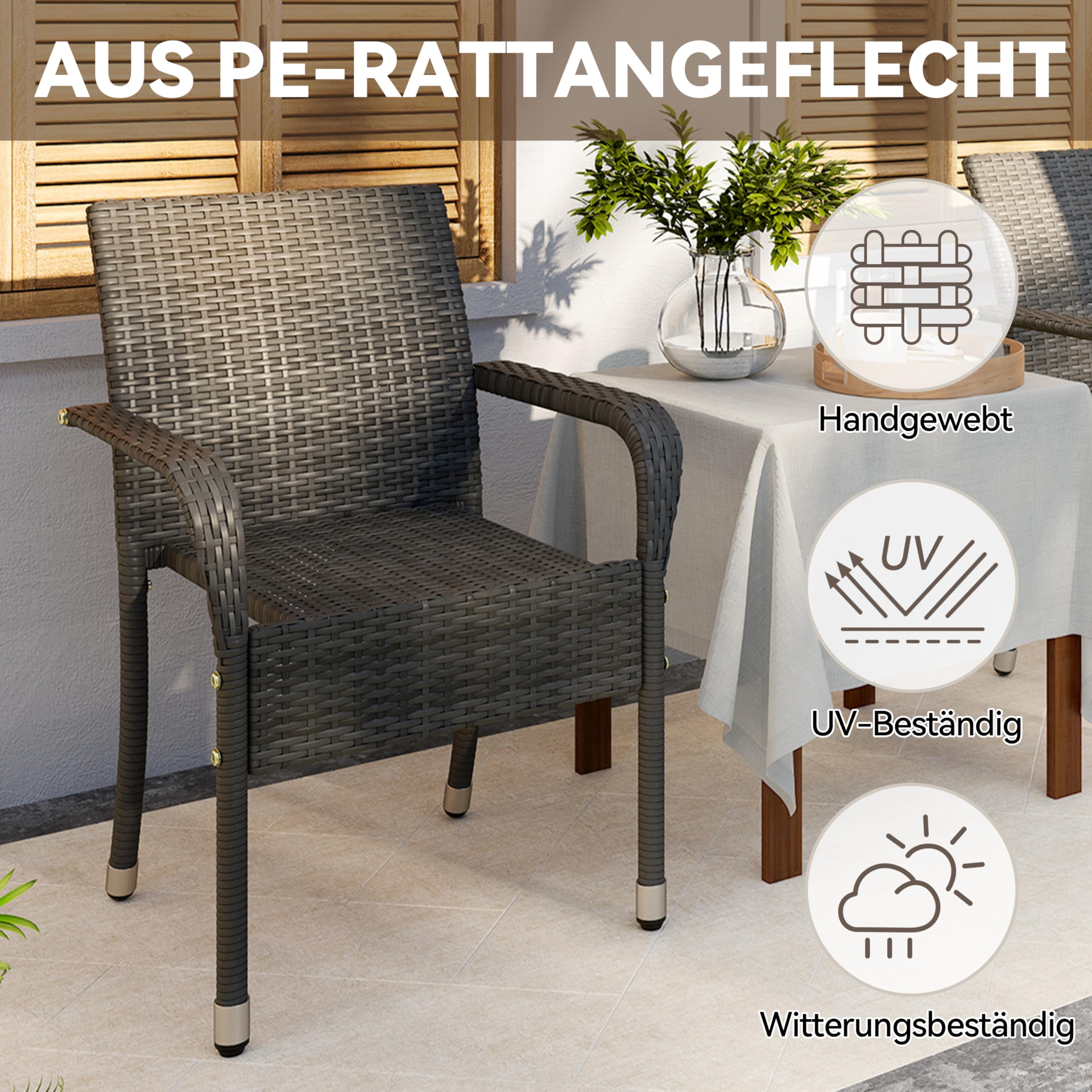 Yaheetech Set di 2 Sedie Impilabili in Rattan Sedia da Giardino con Braccioli Piedini Regolabili e Schienale per Giardino Balcone PatioTerrazza Grigio