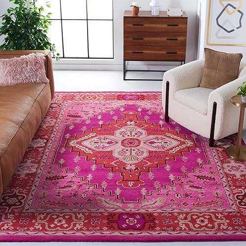 Miniatura 6 de SAFAVIEH Bellagio Collection BLG545B - Alfombra decorativa de lana prémium hecha a mano con medallón de 2 pies 6 pulgadas x 4 pies, color rojo y rosa