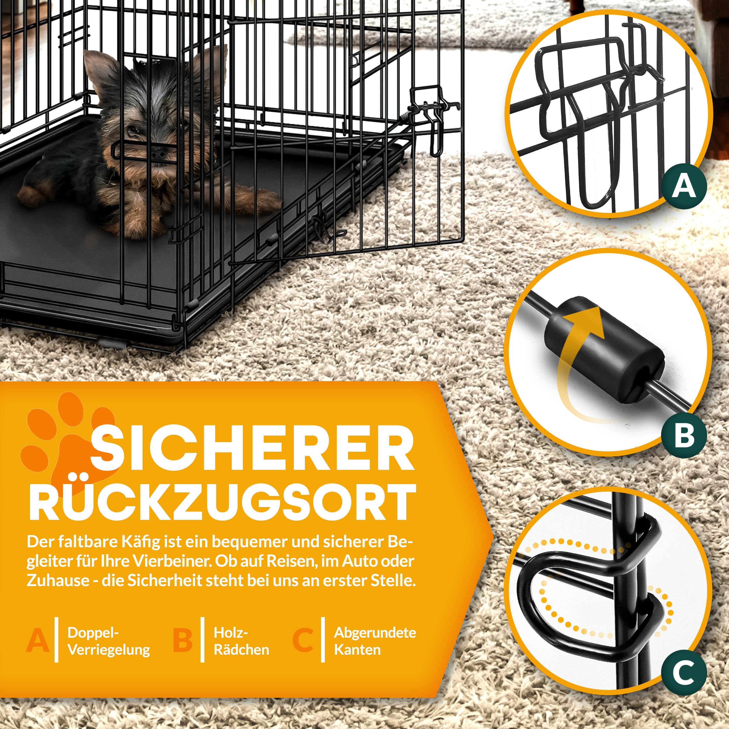 TRESKO Hundekäfig faltbar mit 2 Türen | Transportkäfig Auto | Hundebox mit Bodenschale | Transportbox Drahtkäfig (L 122 x B 74,5 x H 80,5 cm)