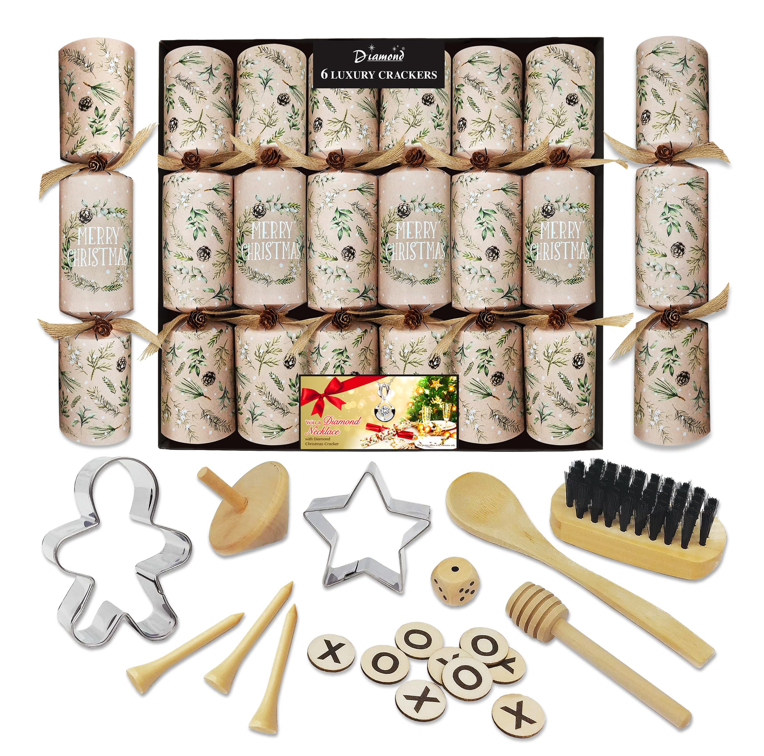 Diamond Christmas Crackers Multicolor Lux Eco-Friendly Christmas Crackers Fsc Pack 6 X 14.5In Festive Design With Supreme Plastic-Free Contents + 8Pcs Of Party Photo Booth Props - By Diamond Brand