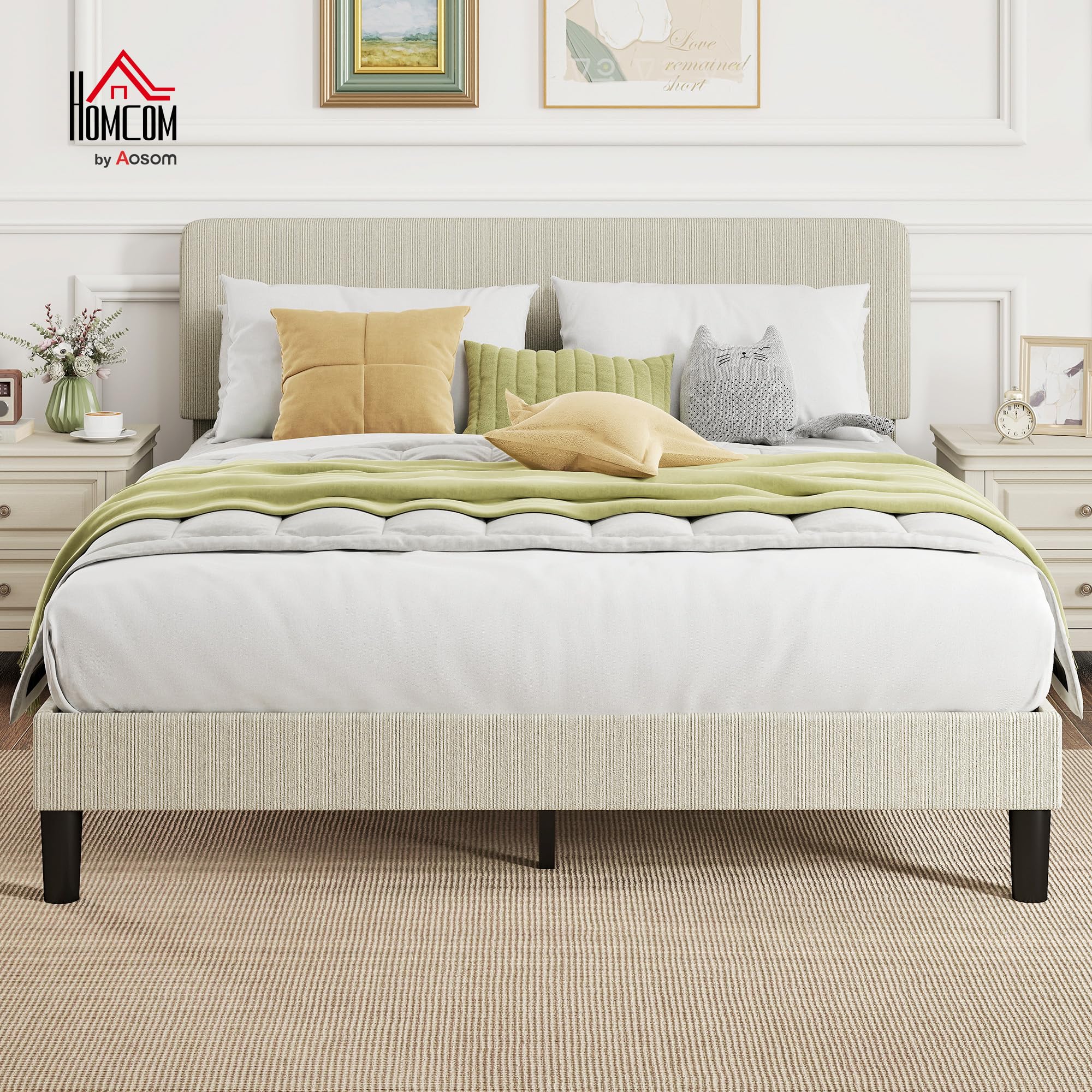 HOMCOM Somier 160x200 cm con Cabecero Ajustable, Estructura de Cama, Tapizado en Pana, Láminas de Madera, Fácil de Montar, Gris Claro