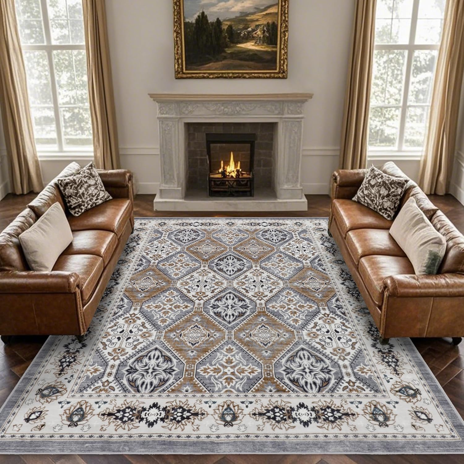 Area Rug for Living Room - Vintage Indoor Machine Washable Rug for Bedroom Dinning Room Floor - Soft Low-Pile Carpet Non-Slip Backing Floral Rugs for Office (Grey/Brown, 9' × 12') Blue Grey/Brown 9' x 12' (Rectangular)