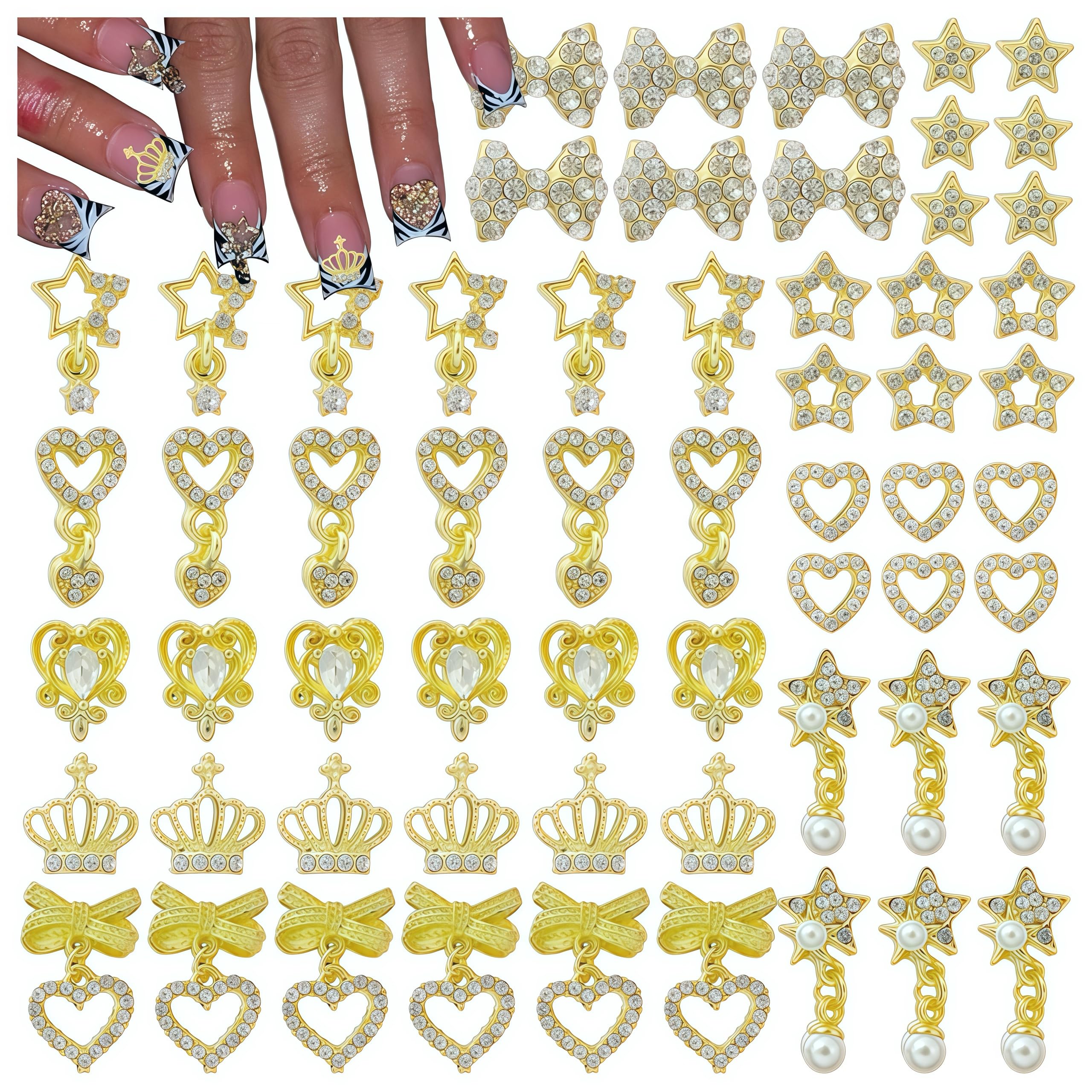 BHCCXZ 60PCS Gold Nail Charms and Gems: 3D Heart, Star, Crown, Bow Rhinestones for Nails Design