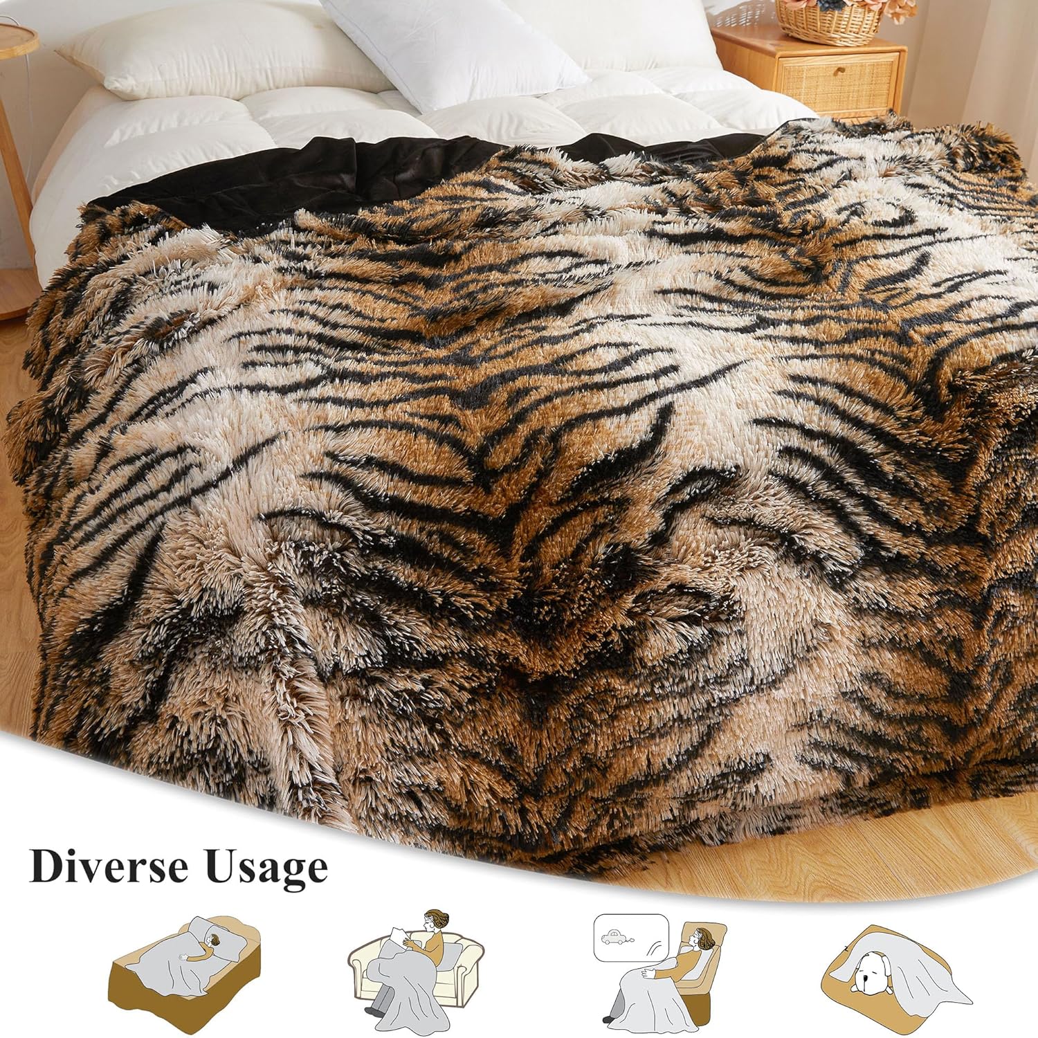 XeGe Fluffy Faux Fur Tiger Print Bed Blanket for Kids Adults Couples, Plush Fuzzy Wrap Round Big Queen Size Home Decor Warm Shaggy Furry Blanket for Couch Sofa Bedroom Living Room, Brown, 90x90, Queen - Image 3