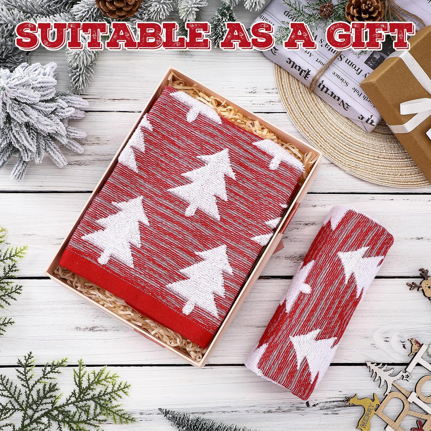 Tudomro 2 Pcs Christmas Hand Towels Red Christmas Tree Bathroom Winter Decorative Towels 100% Cotton Thick Jacquard Weave Bath Decor Holiday Bathroom Decor for Kitchen Xmas Gifts - Image 3