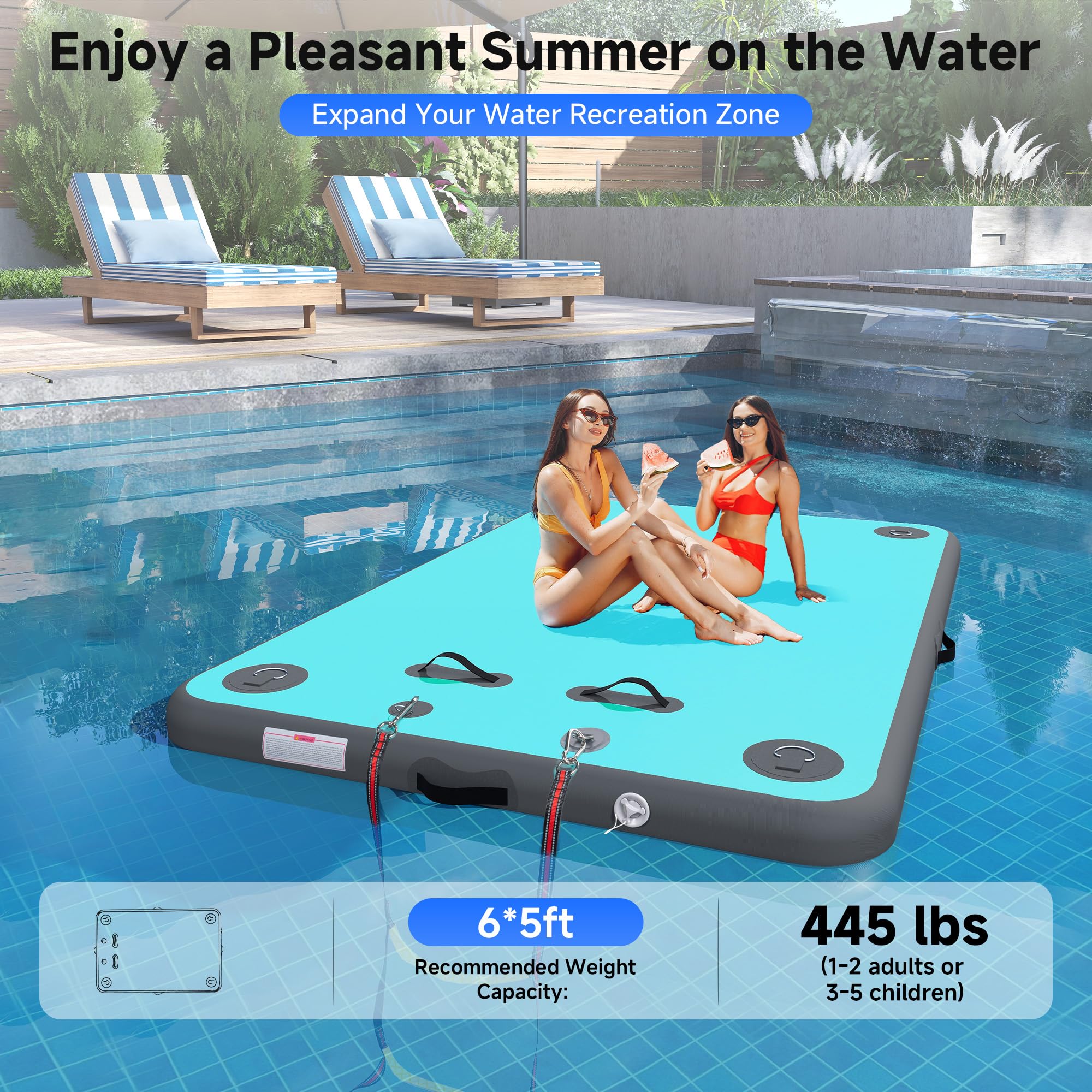 PURARELAX 6x5ft Inflatable Floating Dock for Lake, Floating Platform for Pool Beach Ocean with Rope Ladder, Inflatable Dock with Non-Slip Surface, 6 Inch Thick PVC Construction, Blue