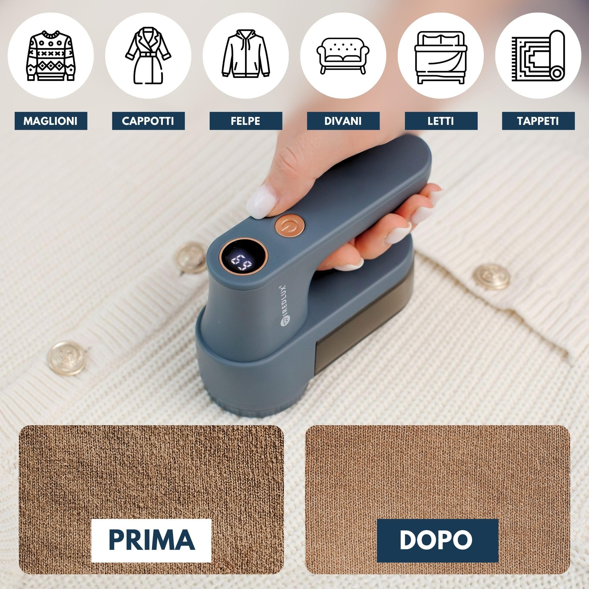 Leva Pelucchi Elettronico Ricaricabile per Vestiti e Maglioni – Levapelucchi/Togli Pelucchi Elettrico con 3 velocità, display LED, ricarica USB – Portatile con doppia protezione